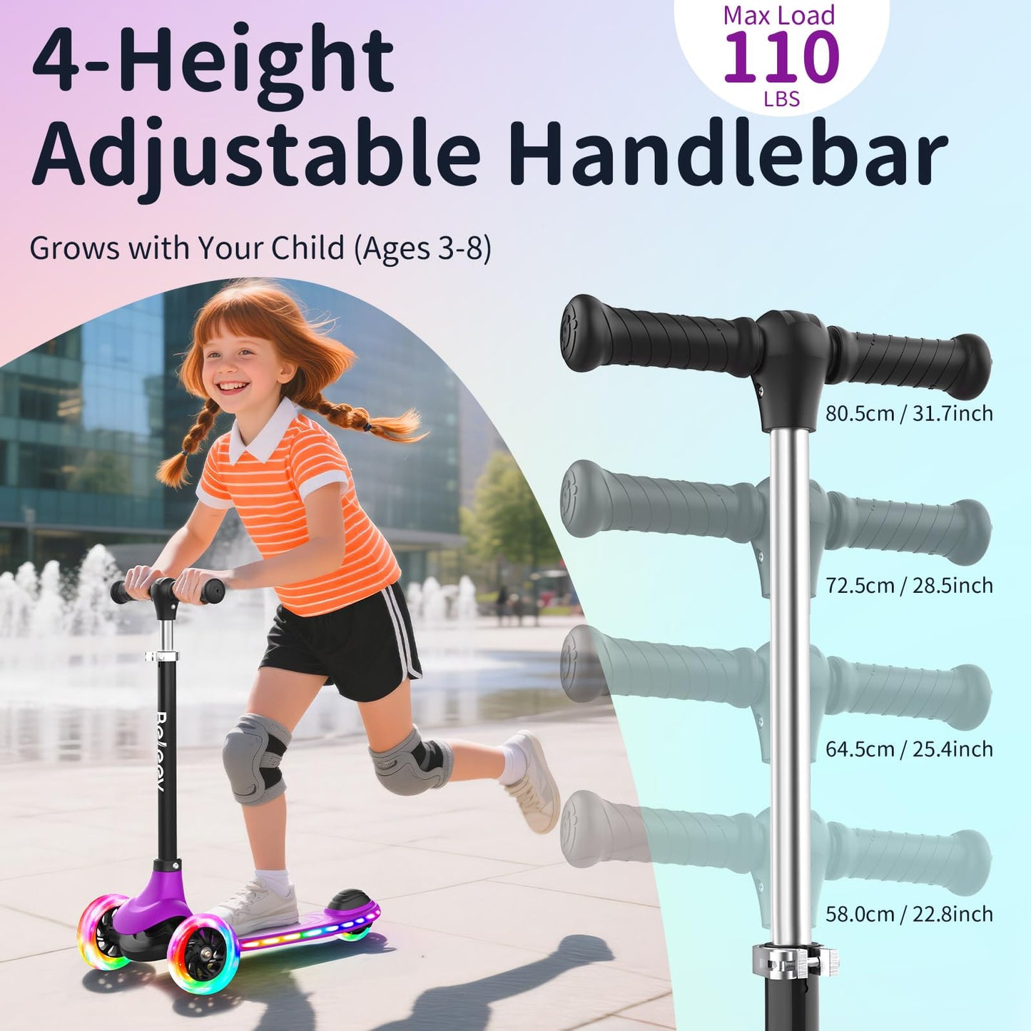 BELEEV A6 Scooter for Kids with Light-Up Deck & Wheels, 3 Wheel Kick Scooter for Toddlers Girls Boys Ages 3-8, 4 Adjustable Height, Non-Slip Deck, Lightweight Scooter for Children (Purple)