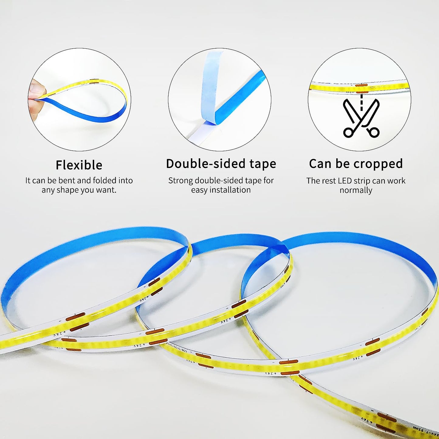 Yeewhale COB LED Strip Lights 32.8FT，3000K Warm White Dimmable DC 24V Flexible LED Tape Lights for Bedroom, with Remote and App Control LED Light Strip,for Cabinets, Shelves，Living Room Decoration