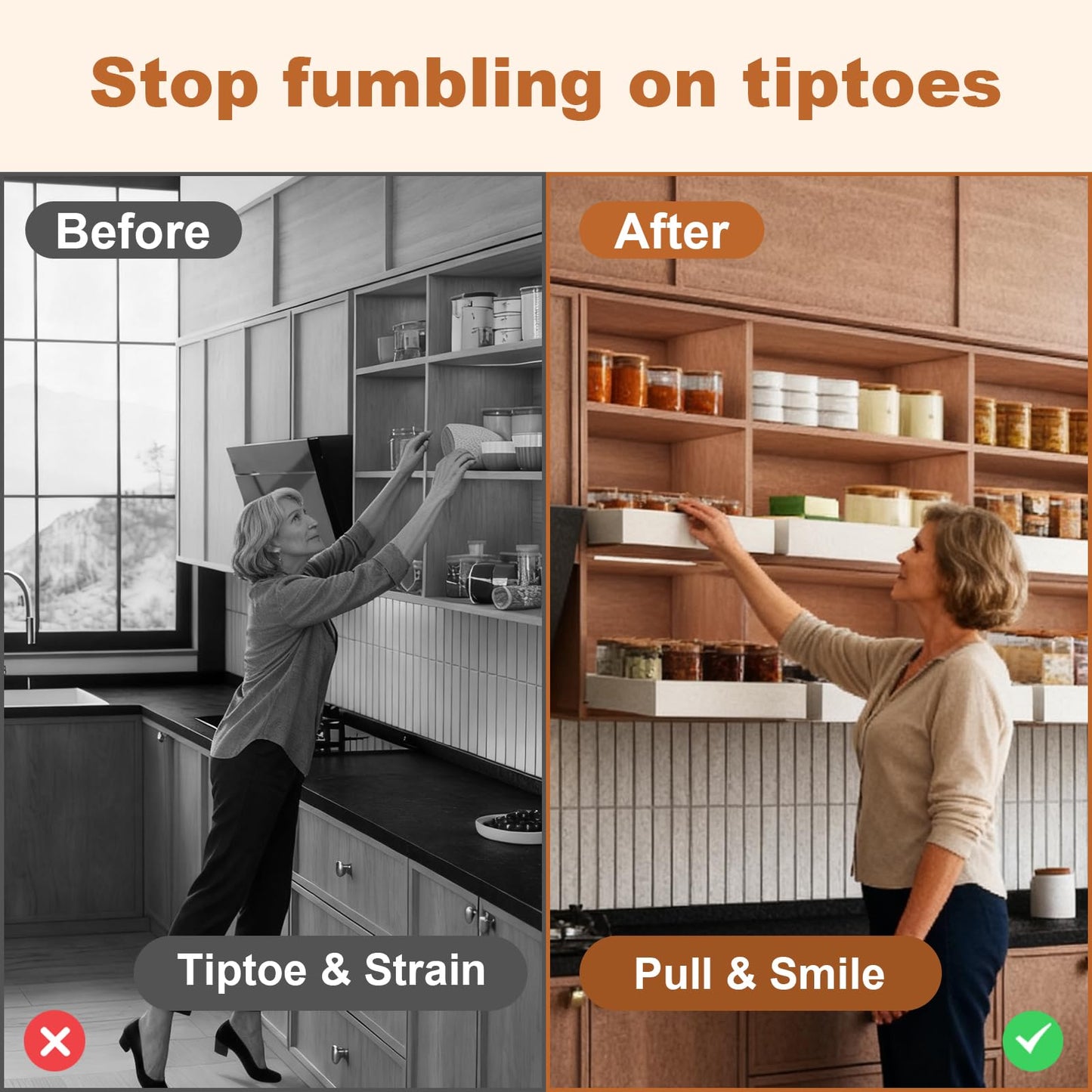 Fokyfok Pull out Cabinet Organizer,Width (11"-18") and Depth (10"-13") Expandable,No Drill Adjustable Slide out Drawers for Kitchen,Pantry,Adhesive Roll out Shelves,for Cabinets Without Lip,White