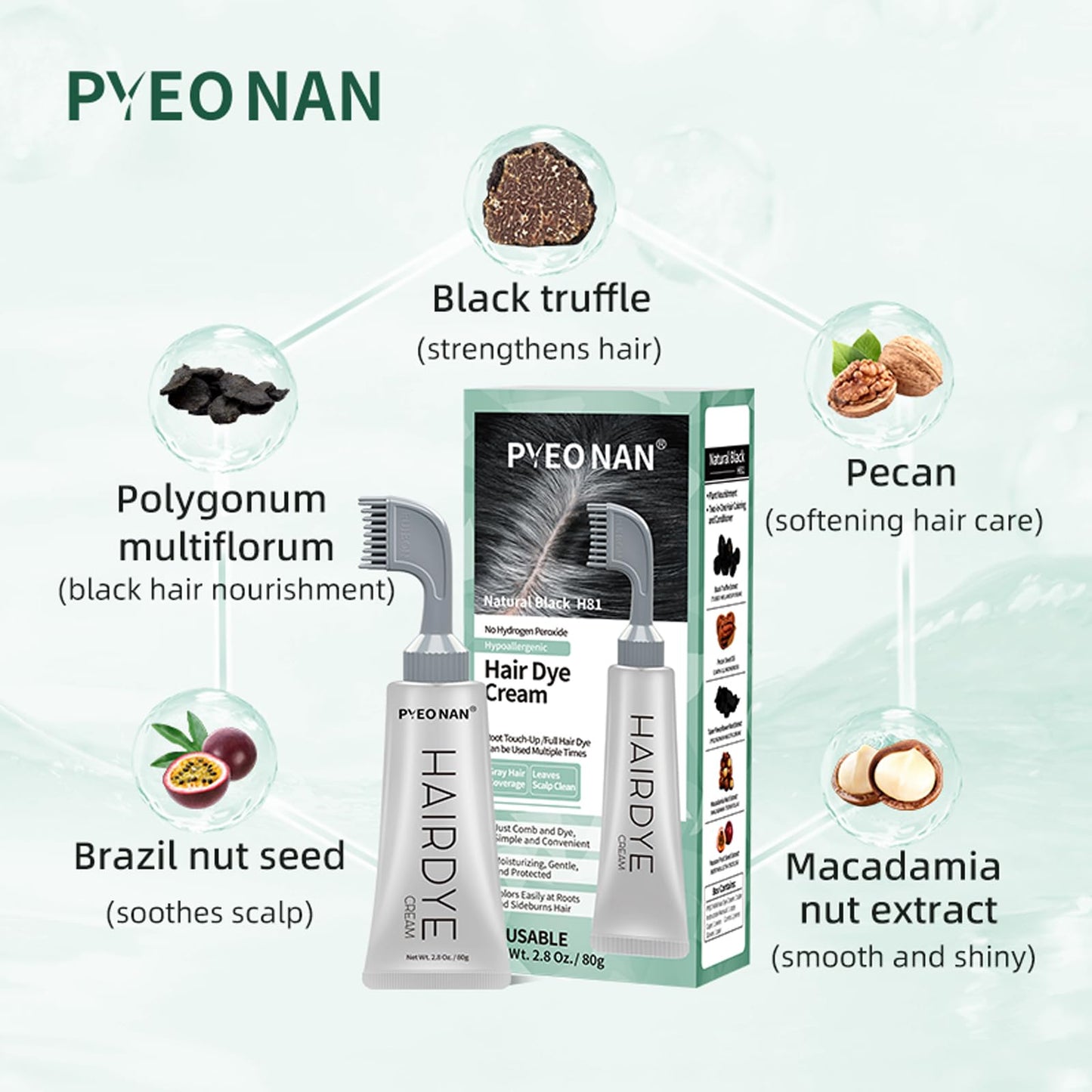 PYEONAN Hypoallergenic Hair Dye Cream,Natural Plant Extract Without Bleaching, Easy Comb to Cover Gray Coverage Ammonia Free All Hair Types 2.8Oz. /80g (Natural Black, Pack of 1)