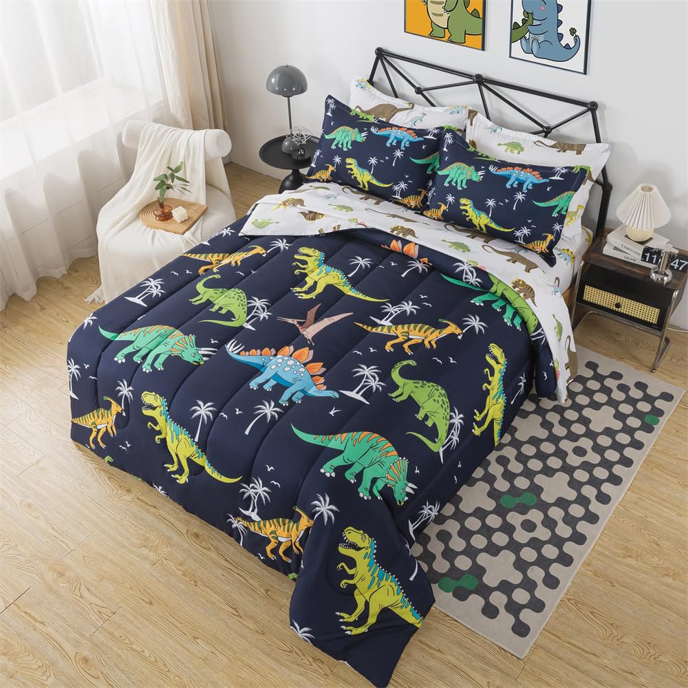 lishjekee 5 Pieces Dinosaur Comforter Twin for Kids Jungle Dinosaurs Bedding Set Bed in A Bag for Boys T-Rex Dino Comforter and Sheets Set for Teens Animal Bed Sets Home Decor