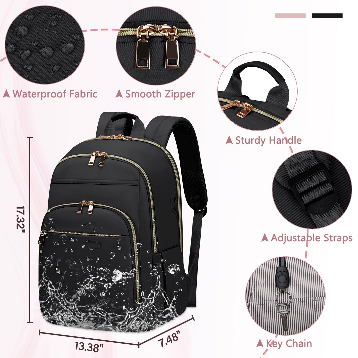 Laptop Backpack for Women 15.6 Inch Travel Backpack With USB Port, Lightweight School Backpack Waterproof Computer Bag for School Work Travel, Black