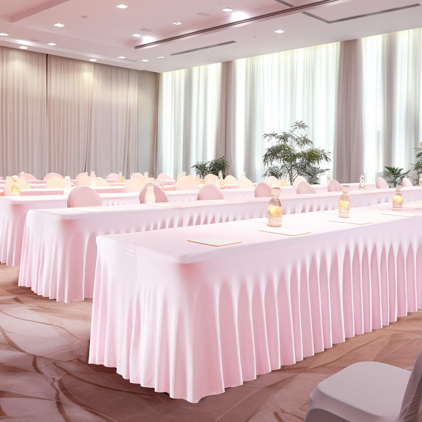 2 Packs Pink Table Clothes for 6 Foot Rectangle Tables, One-Piece Wrinkle Resistant Stretch Spandex Table Covers with Skirt for Event Banquet Wedding Birthday Party