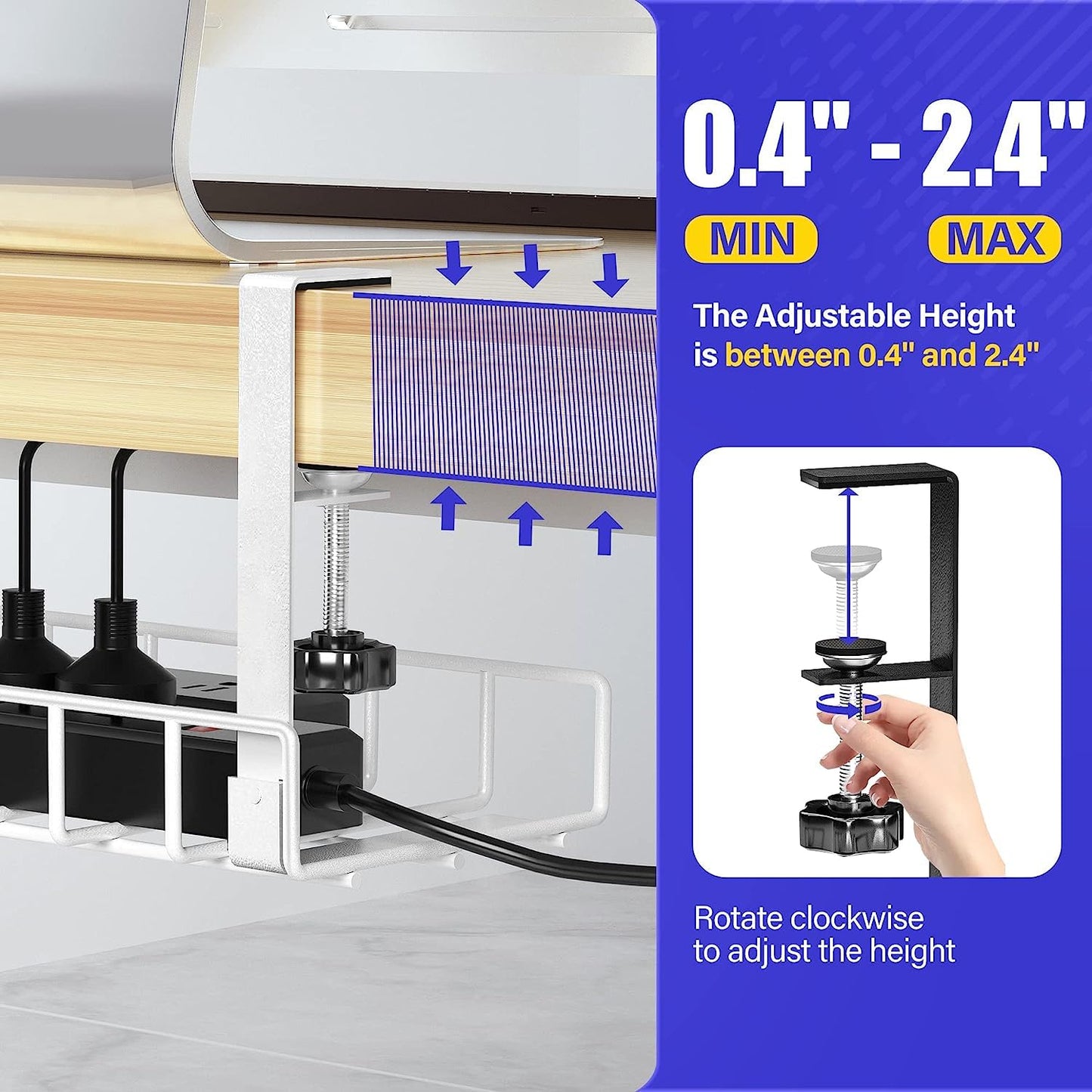 Under Desk Cable Management Tray 2 Pack, Xpatee Wire Management No Drill No Screws, Cable Tray with Clamp for Desk Wire Management, Computer Cable Rack for Office, Home - No Damage to Desk White