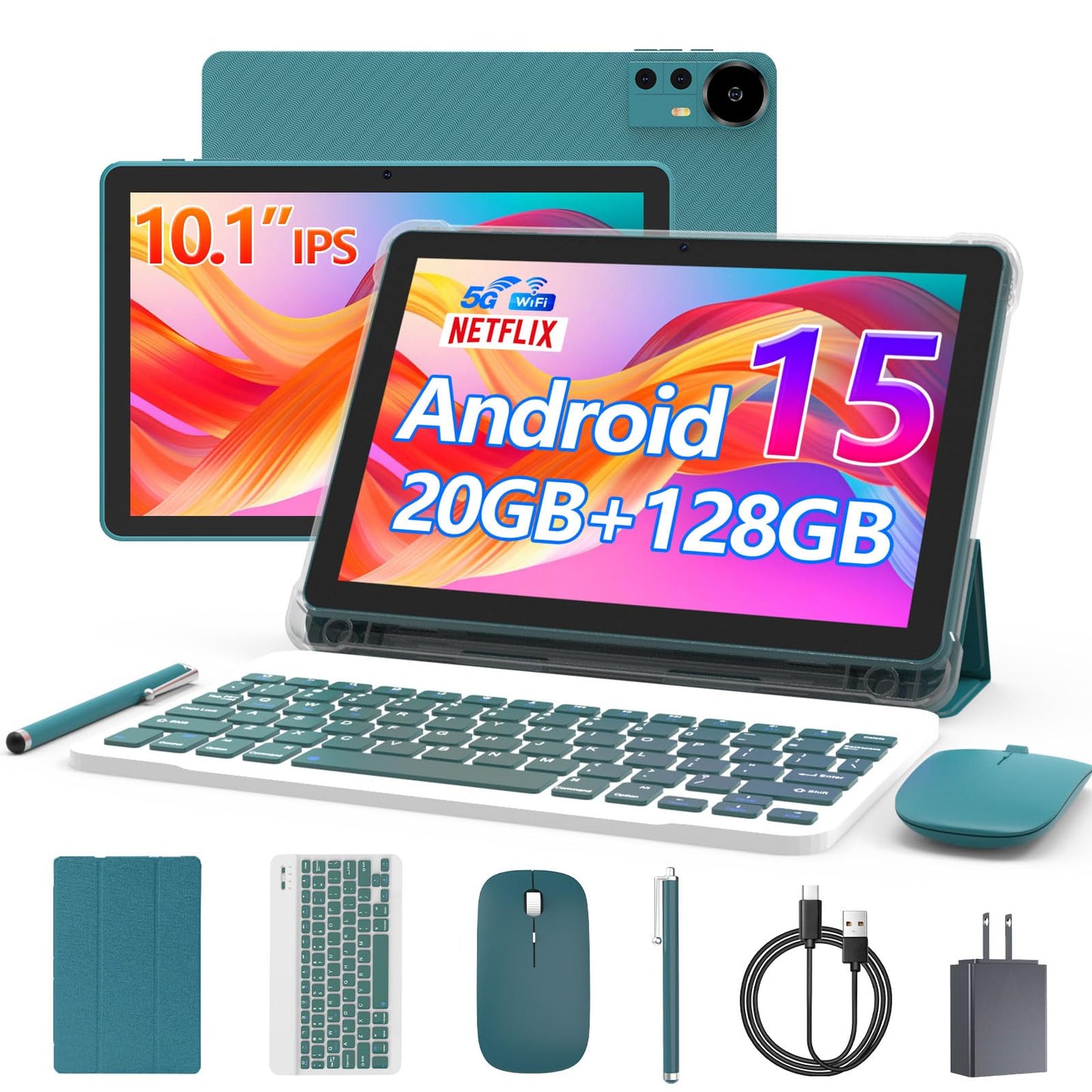 Android 15 Tablet, 10 Inch 18GB RAM+128GB ROM/2TB Expandable Tablets PC, 2 in 1 Tablets with Keyboard, Mouse, Case, Stylus, Quad-core 2.0GHz CPU 1280*800 HD Screen, 5G WiFi6 BT 5.0, 8MP Camera Tableta
