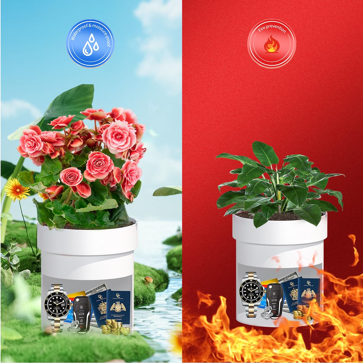 Sdstone Fireresistant Waterproof Flower Pot Diversion Safe with Lock,Stainless Steel Secret Hidden Safe,Perfect for Hiding The Valuables Inside Flower Pot False Bottom(White)