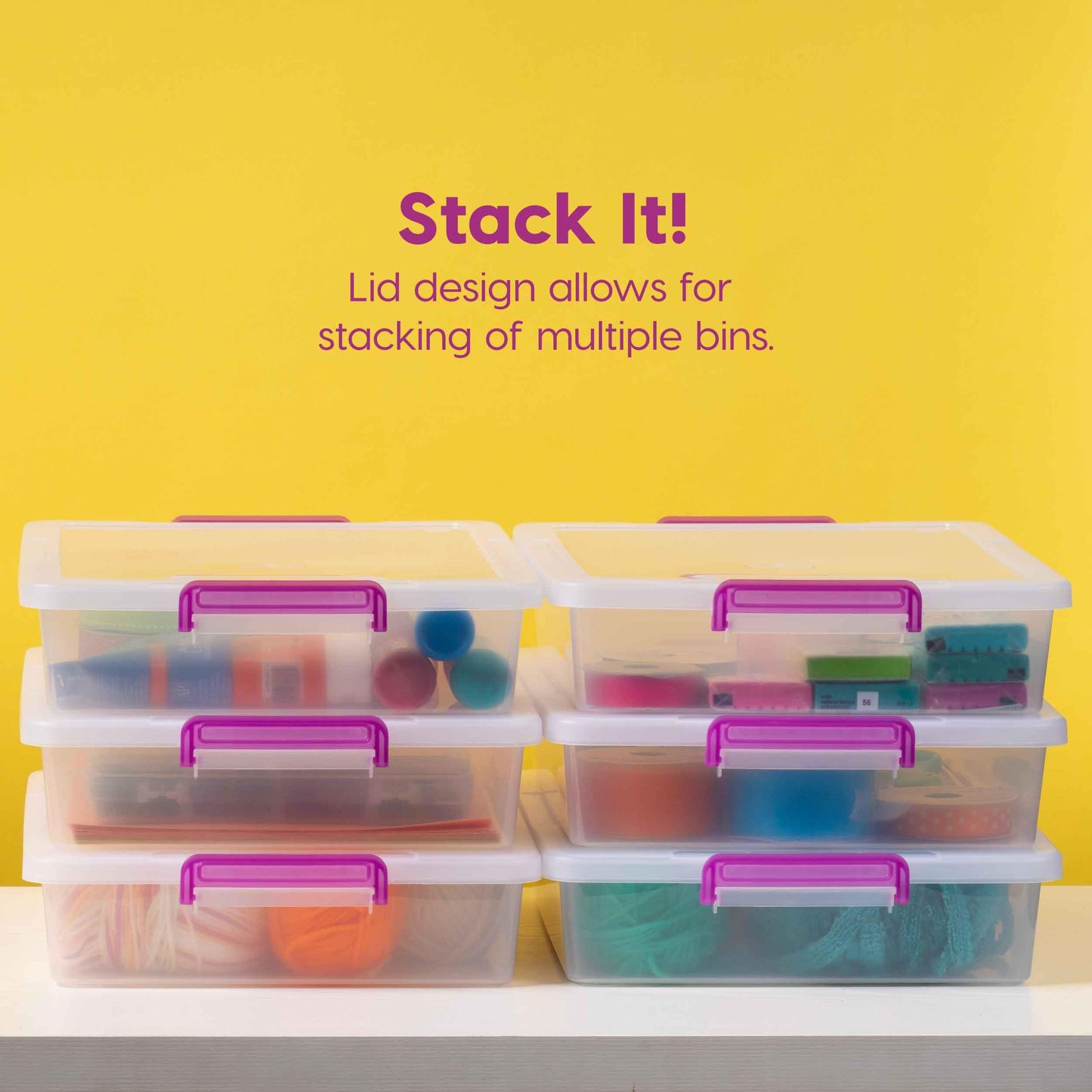 IRIS USA 6 Quart Clear Plastic Modular Storage Bins with Secure Latching Buckles, Organizing Container with Durable Lids, Stackable and Nestable, Large, Clear/Violet, 6 Pack