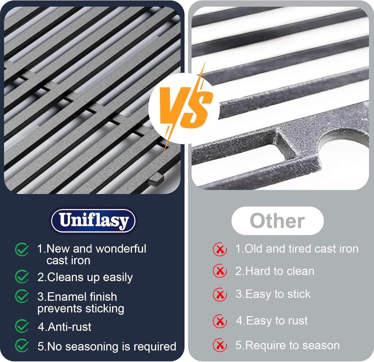 Uniflasy Cast Iron Cooking Grate Replacement for Nexgrill 4 Burner 720-0830H, 720-0958A, 720-0670A, 720-0783E, 5 Burner 720-0888N, Replacement for Kenmore 41516106210 415.16106210, 17 Inches