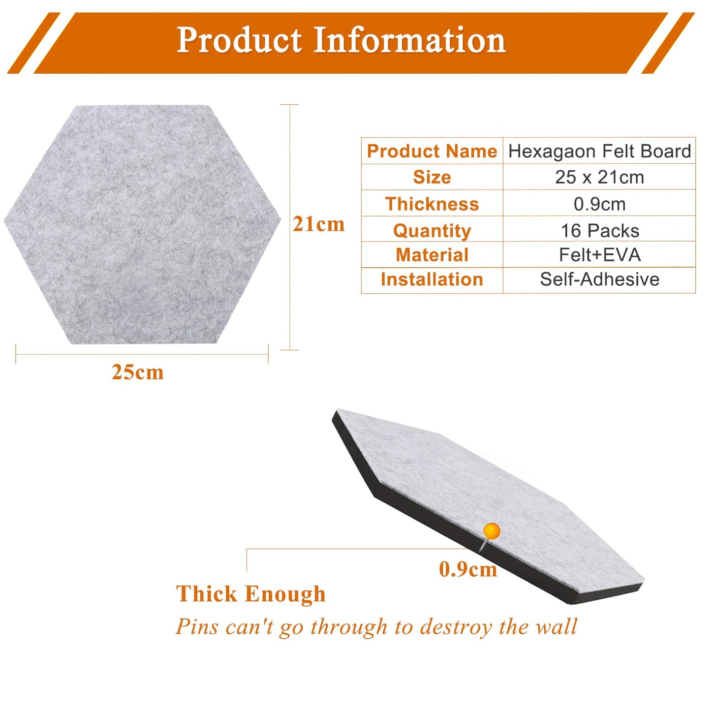 HULAVO 16Pcs Hexagon Felt Cork Board Tiles, Self Adhesive DIY Felt Bulletin Board Pin Board with 70 Pushpins for Office School Home Wall Decor Stickers Memos Photos Display(Gradual Purple)