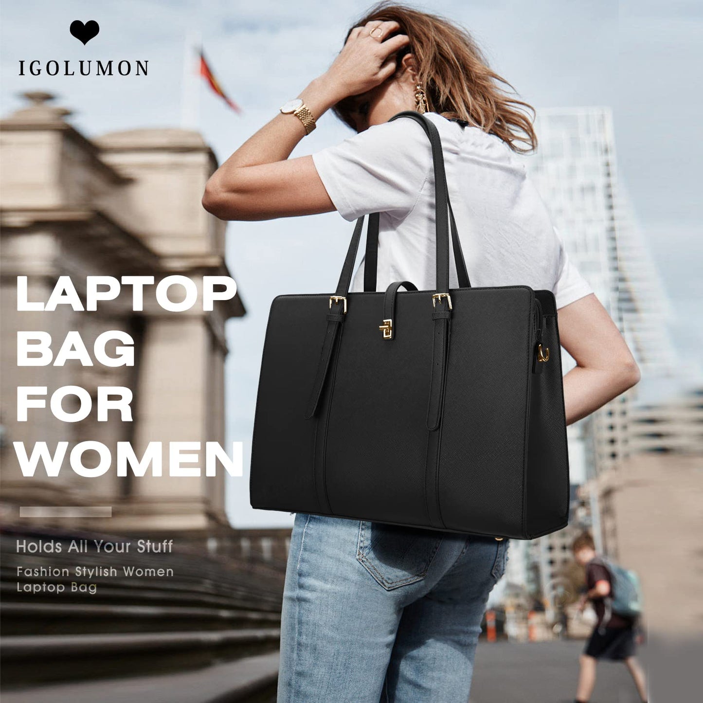 Laptop Bag for Women 15.6 Inch Leather Laptop Tote Bag Waterproof Work Shoulder Bag Lightweight Computer Tote Bag Professional Women Business Office Bag Large Travel Handbag Black