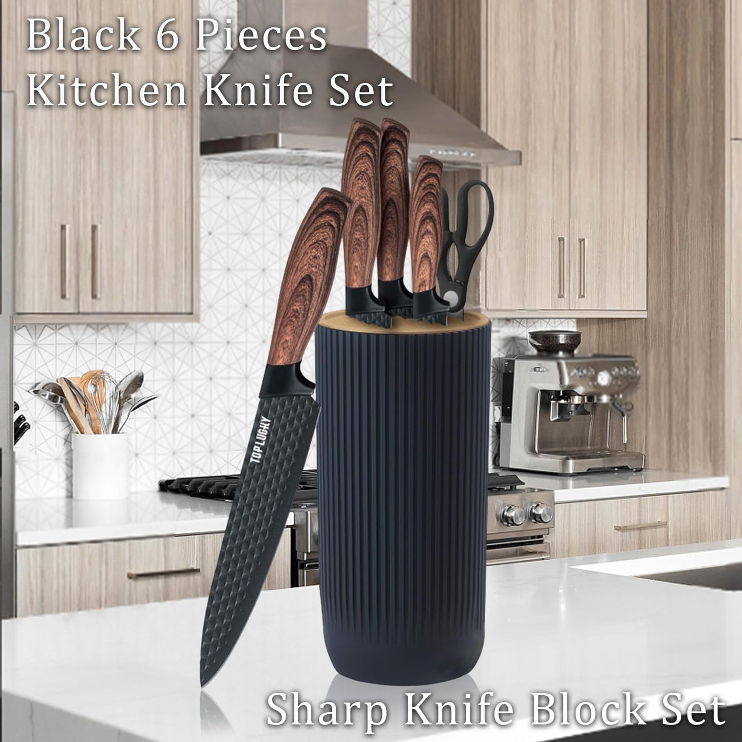 Kitchen Knife Set, 6-Pieces Black Sharp Knife Set for Kitchen, Non-Stick Non-Slip Stainless Steel Chef Knife Set with Universal Knife Block Suitable for Home Restaurant (Black)