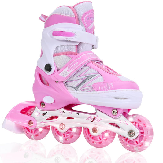 Adjustable Inline Skates for Kids Girls Children Beginners, Pink Inline Roller Skates with Light Up Wheels for Kids and Youth for Sports (Small)