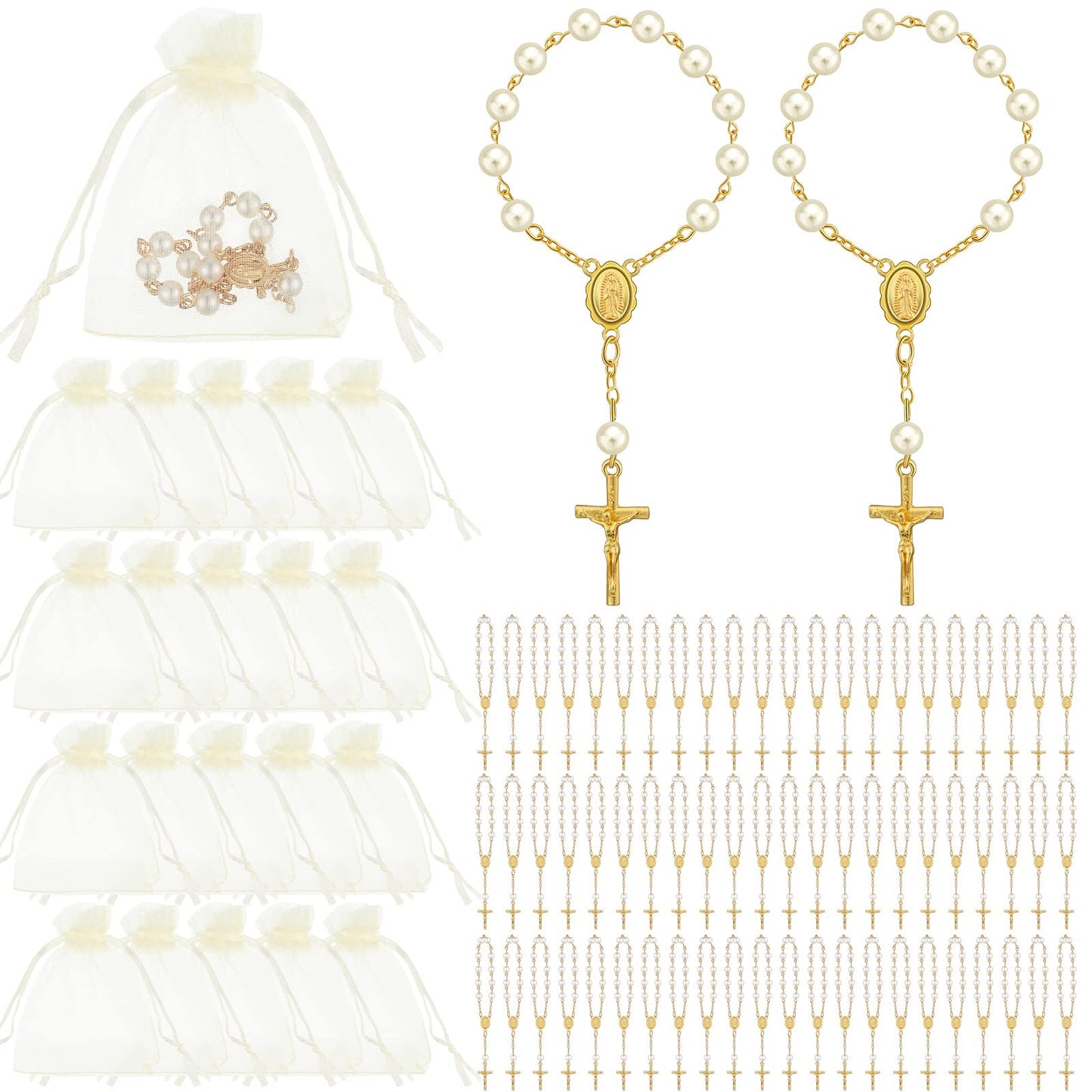 Fumete 60 Pieces Mini Rosary Favors Baptism Favors Acrylic Rosary Beads Finger Baptism Rosaries with Organza Bags for Christening Weddings Party