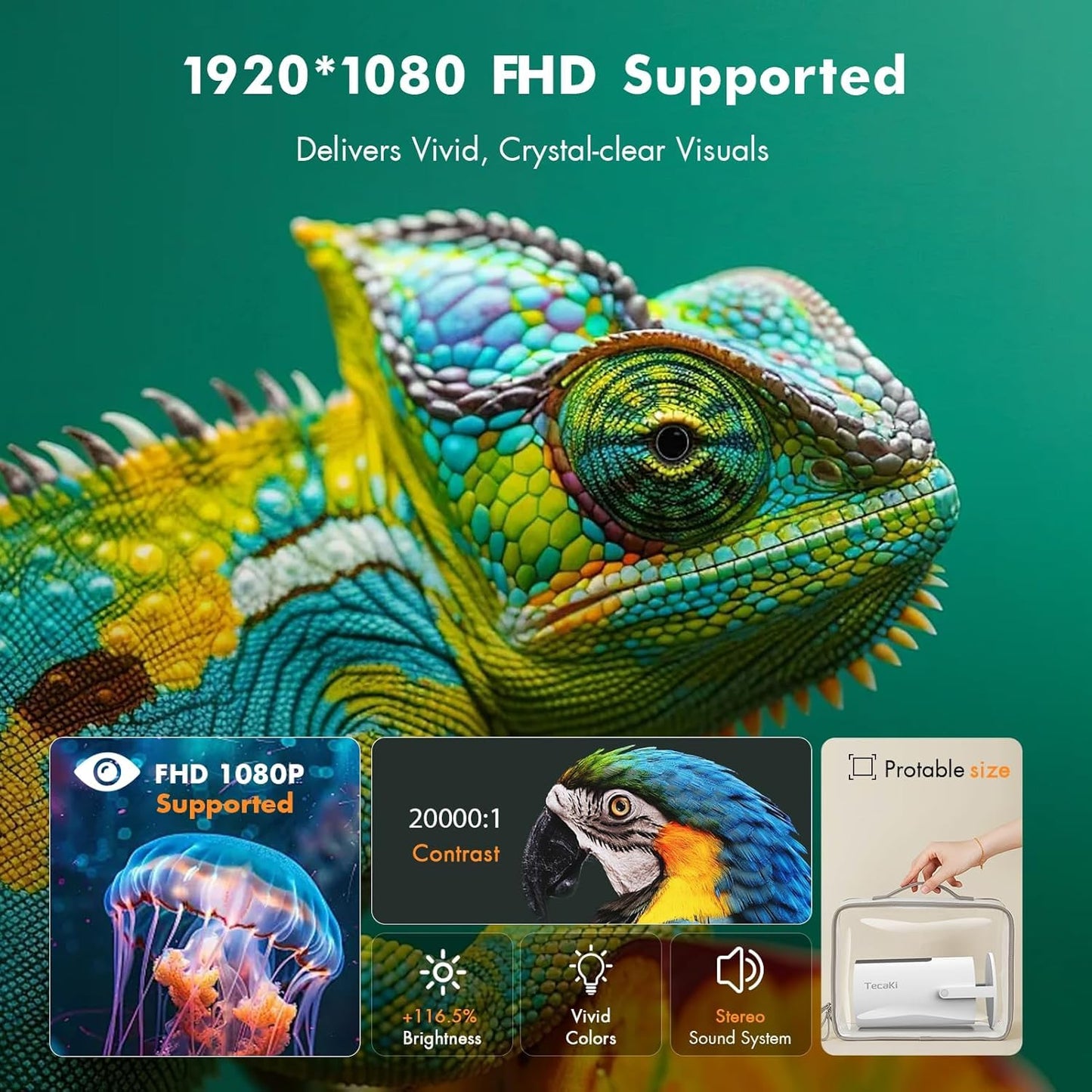 【Built-in Apps & Electric Focus】 Tecaki Mini Projector 1080P 4K Support with WiFi and Bluetooth 5.2, Portable Projector with Auto Keystone, 180° Rotatable, Outdoor Movie Projector for Phone