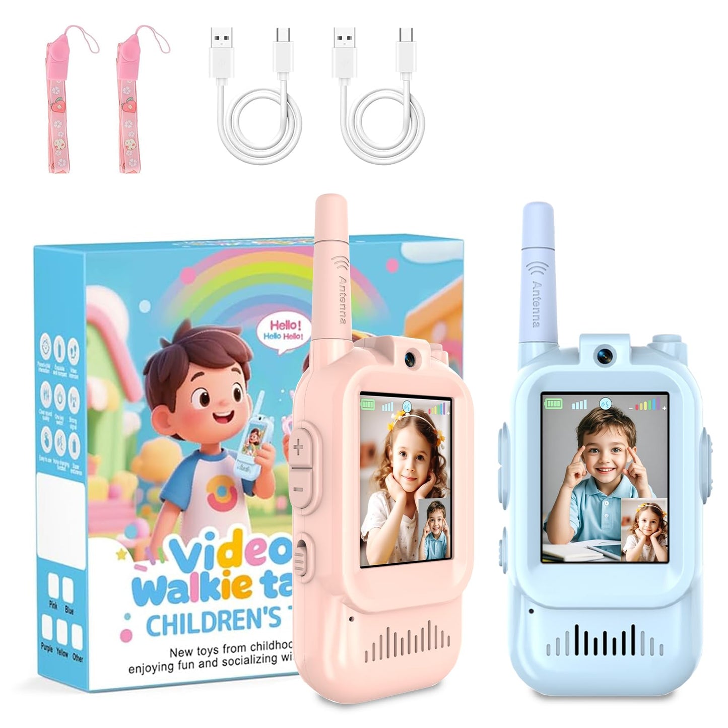 REESTBOO Video Walkie Talkies for Kids, Handheld 2 Pack Rechargeable Walkie Talkies for Boy and Girl Ages 3-12, One-on-One Pairing, Indoor Outdoor Toys for Family Games, Outside Camping (Pink & Blue)