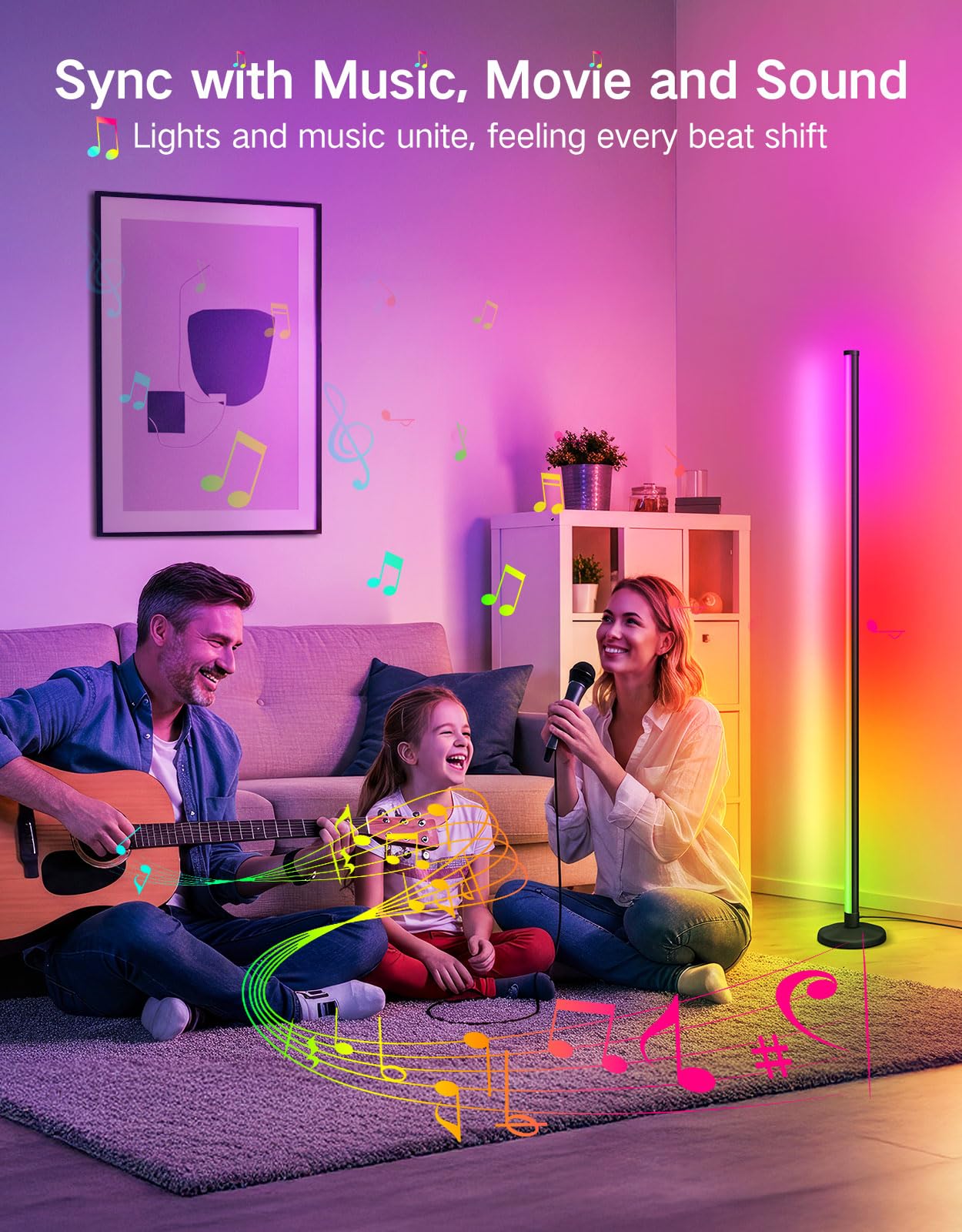 OUTON LED Floor Lamp, 24W RGBCW Corner Lamp with 256 Scenes & 16 Million Colours, Smart APP & Remote Control, Music Sync, Dimmable Colour Changing Standing Lamp for Living Room Bedroom Gaming Room