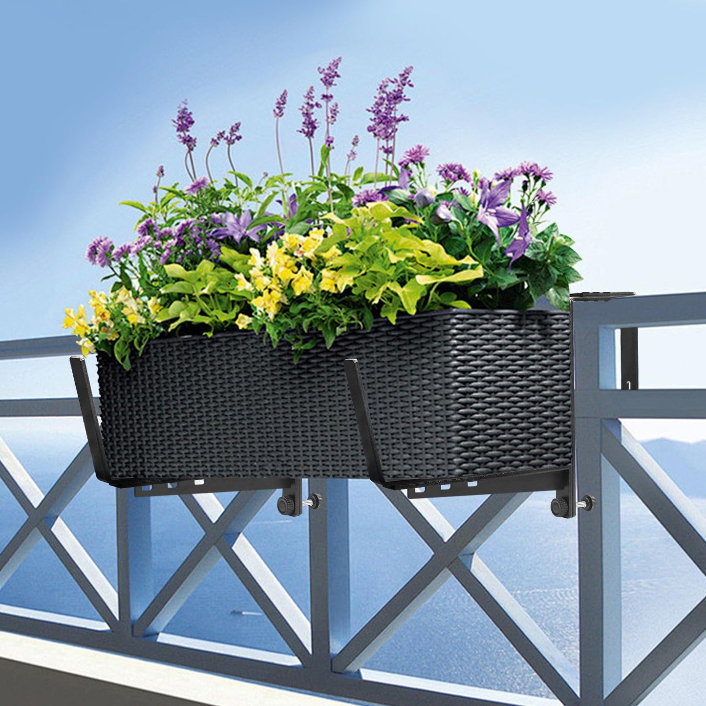 ZUIWAN 4 Pcs Adjustable Railing Planter Boxes Brackets,Heavy Duty Iron Window Box Planters Holder Outdoor for Railings,Windowsill,Patio,Deck,Garden,Balcony,Fence,Wall,Porch,Black