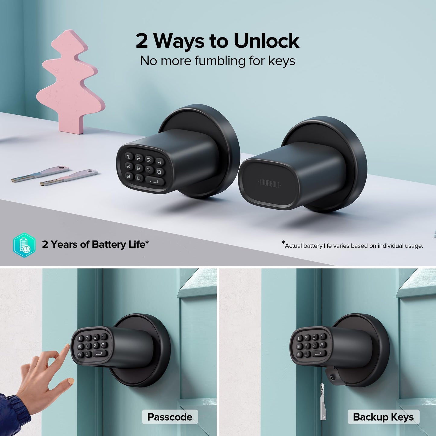 ThorBolt Door Lock Knob with Keypad Keyless Entry Door Knob Electric Coded Indoor Door Knob for Interior Doors Thickness up to 2-1/4", Bedroom, Home Office, Garage, 4xAA Alkaline Battery, M1 Black