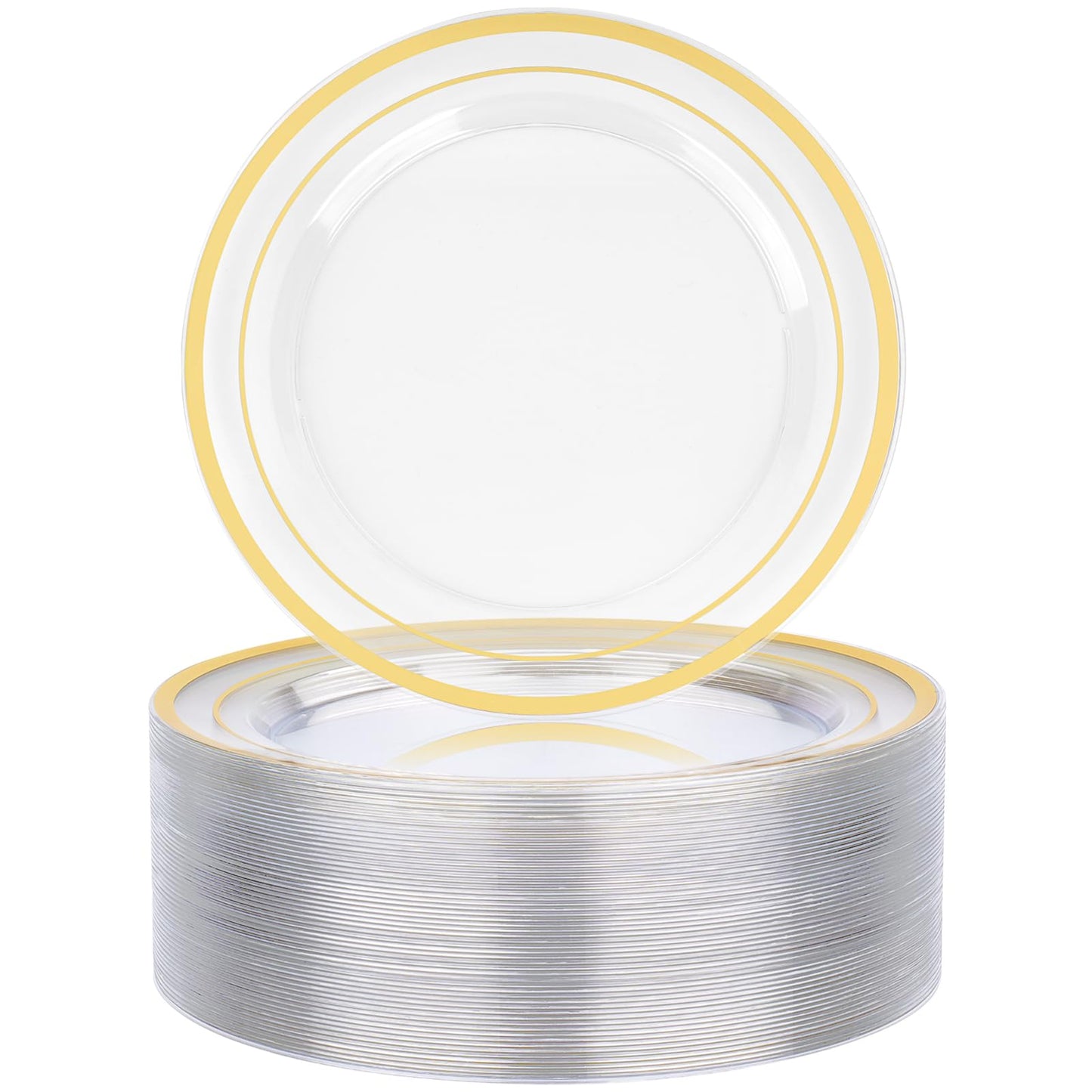 BESTVIP 50PCS 7" Clear Gold Plastic Plates, Small Disposable Salad Dessert Plate with Gold Rim, Heavy Duty Disposable Plastic Plates for Party, Wedding and Birthday, Events