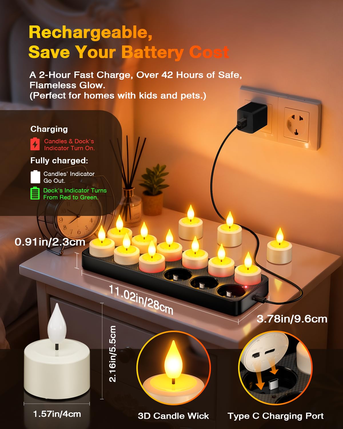 Yme Rechargeable Tea Lights Candles with Charger Storage Base, 12 Pack Battery Operated LED Flameless Tealight Candles with Remote Timer for General Fireplace Halloween Pumpkins Christmas Party Decor
