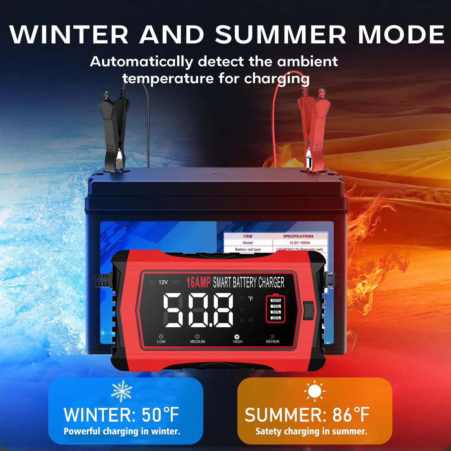 16-Amp Battery Charger, 12V 24V Lithium LiFePO4 Lead Acid Car Battery Charger 10-Stage Trickle Charger Smart Battery Maintainer w/Temp Compensation for Car Truck Lawn Mower Boat Marine