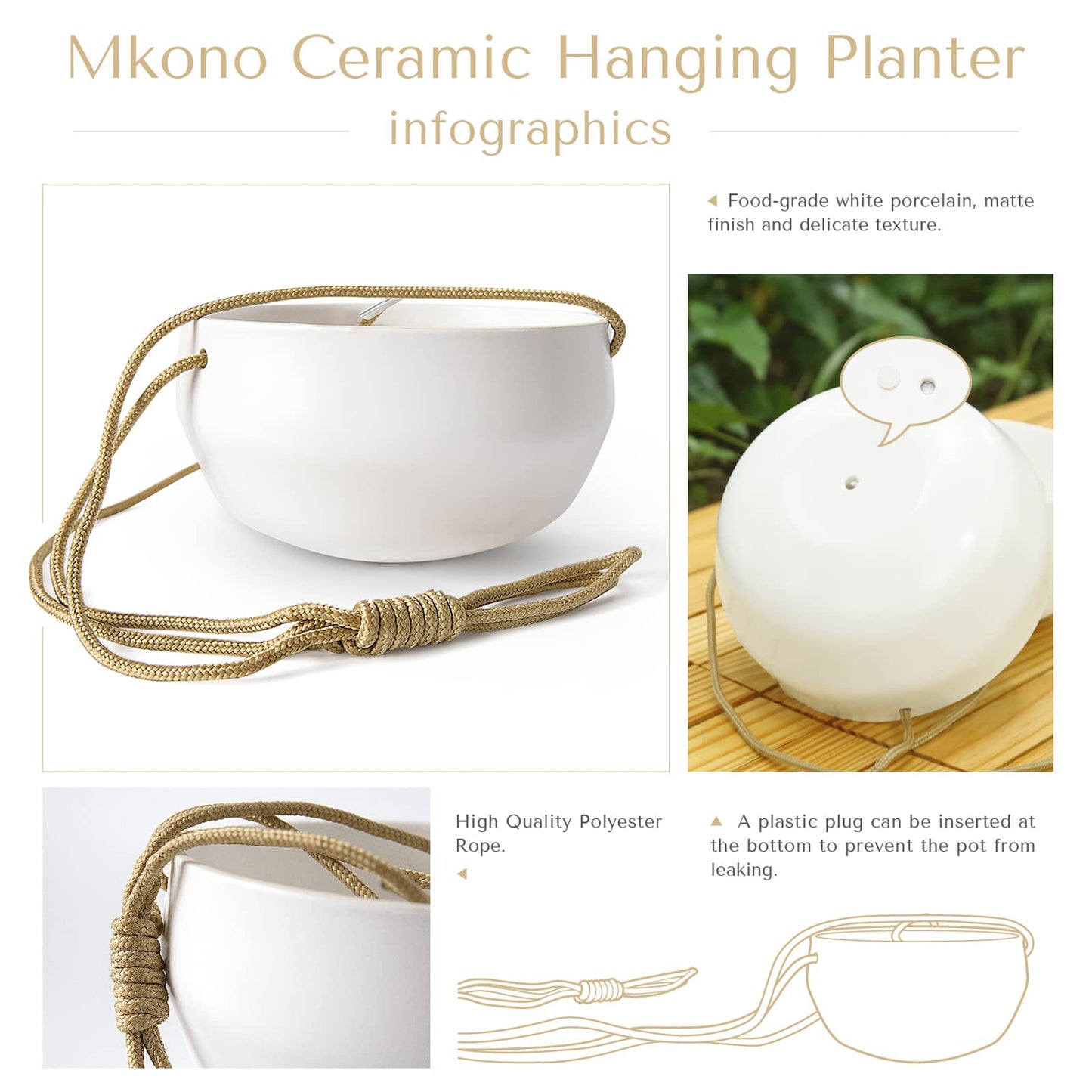 Mkono Ceramic Hanging Planter of Shallow 8 Inch and Deep 6 Inch for Indoor Outdoor Plants, Set of 2 Modern Plant Pot Geometric Porcelain Hanging Basket with Polyester Rope Hanger for Herbs Ferns Ivy
