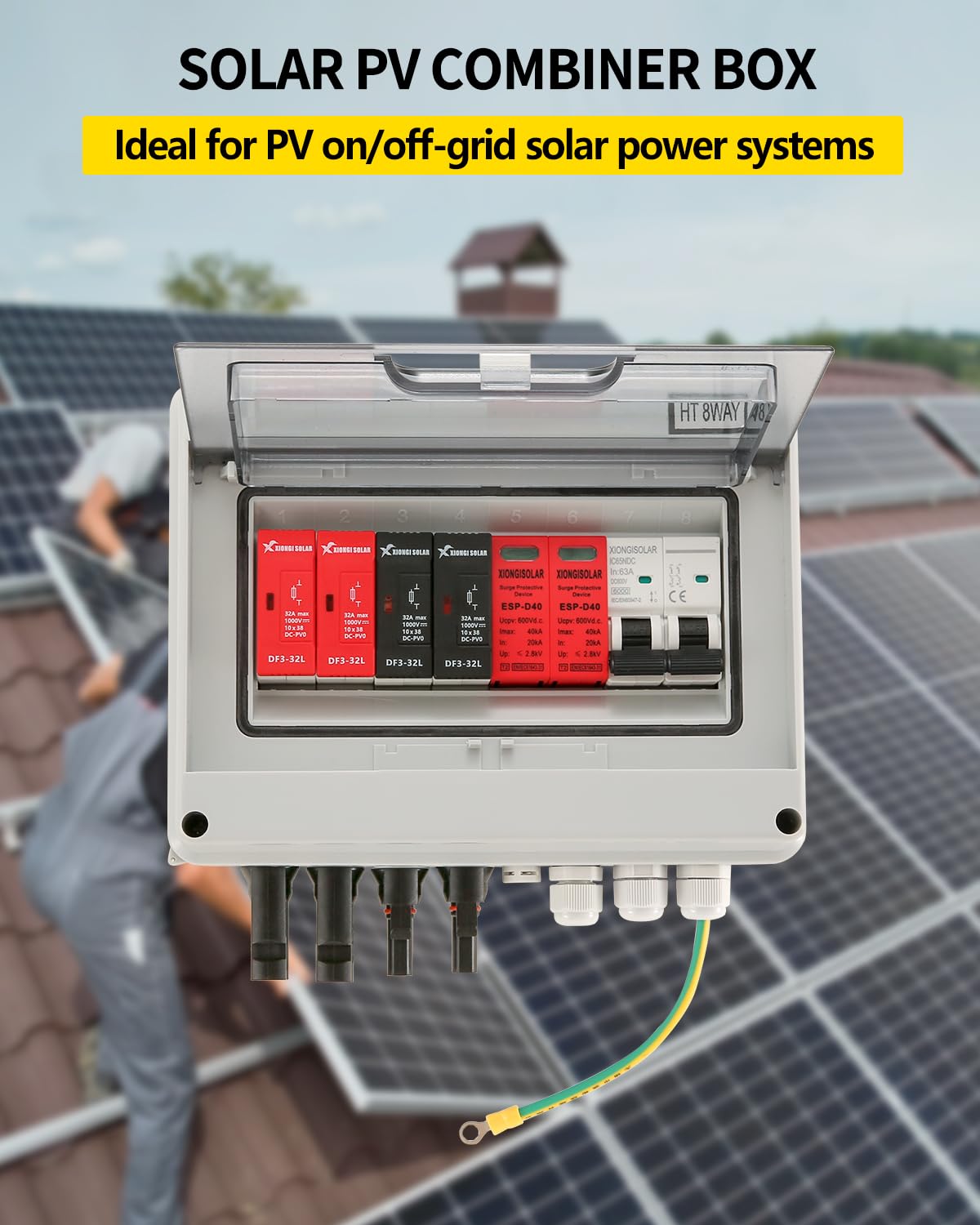 VOU 600V Solar DC PV Combiner Box,2 String with Lightning Arrester Connector for On/Off Grid Solar Panel System,2 Input 1 Out 15A Rated Current Fuse,63A Circuit Breaker,IP65 Waterproof,MCB,SPD