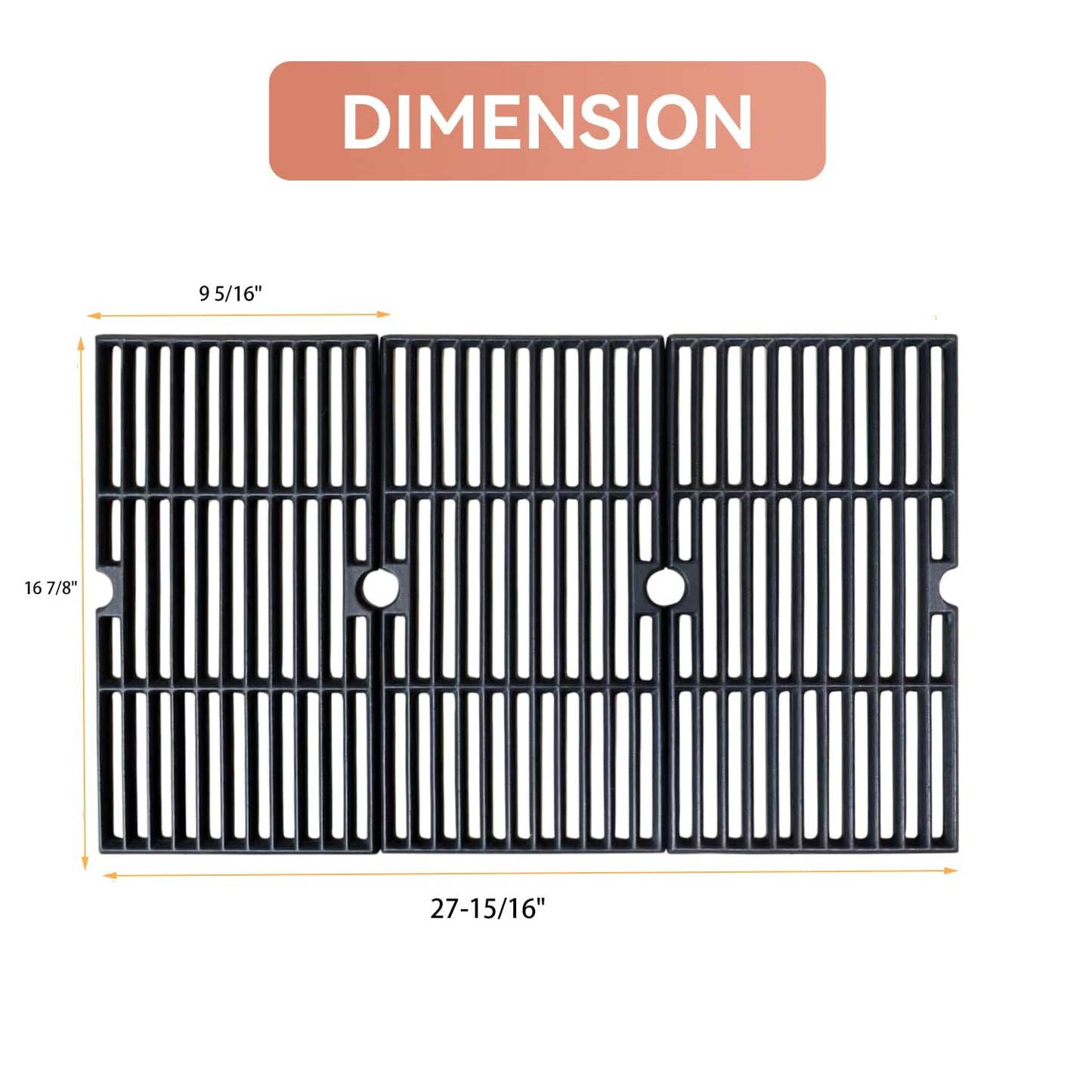16 7/8" Grill Grates for Charbroil 463420508, 463420511, 463436214, 463440109 Gas Grill, Porcelain Coated Cast Iron Cooking Grids for Char Broil, Thermos, Master Chef, Backyard, 3 Pack
