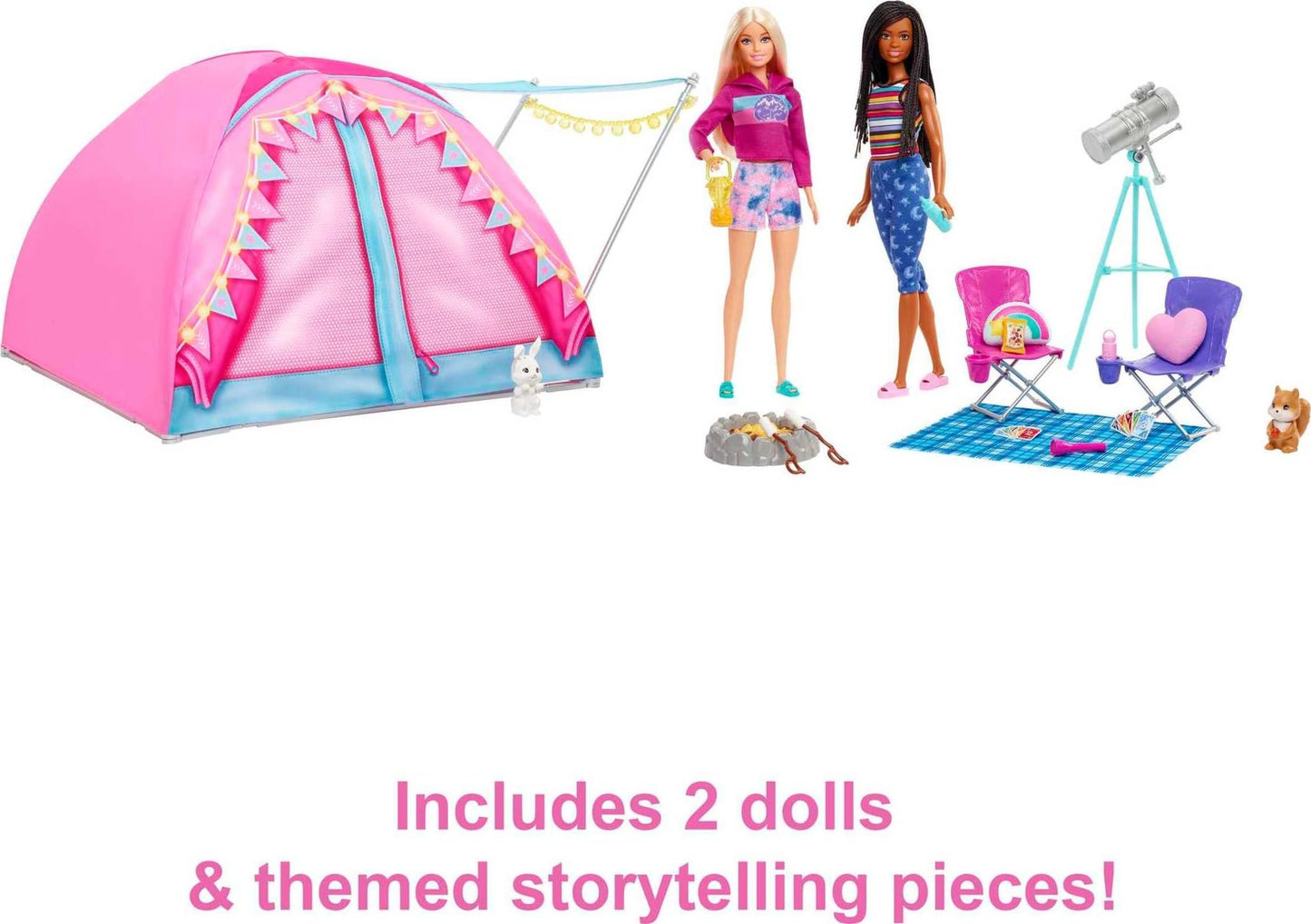 Barbie Dolls & 20 Accessories, It Takes Two Camping Tent Playset with Brooklyn & Malibu, Plus 2 Moving Animals