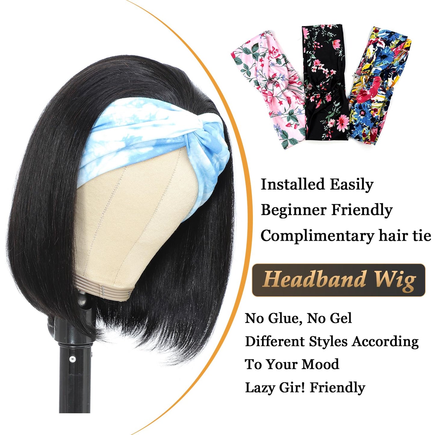 Headband Wigs Human Hair 12 Inch Bob Headband Wigs For Black Women Wear And Go Short Bob Wigs Glueless Wigs Human Hair Natural Black Headband Wig Human Hair Straight 150% Density