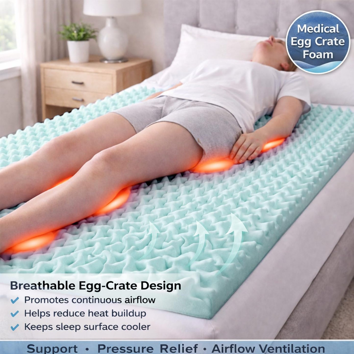 DMI Foam Mattress Topper, Egg Crate Foam Pad, Mattress Pad and Bed Topper for Support, Air Circulation, Pressure Relief and Weight Distribution, Hospital Size Mattress, 33 x 72 x 3