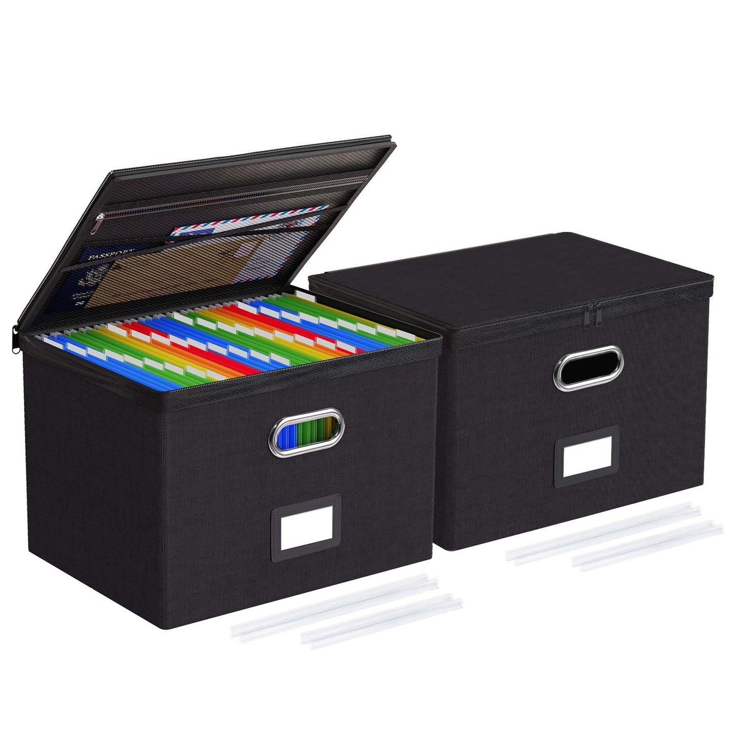 Oterri Zipper File Boxes with Lids, Legal/Letter Size Document Organizer with Mesh Pockets, Filing Box with Handle, Zippers Document Storage Box for Office/Home/School (2 Pcs, Large-Black)