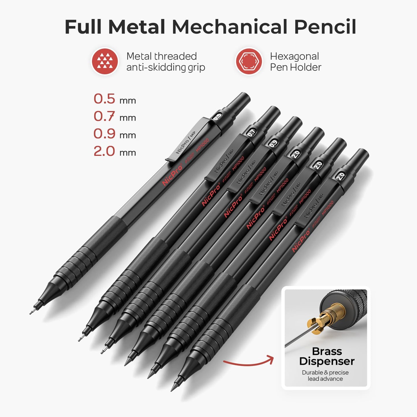 Nicpro 30PCS Black Metal Mechanical Pencils Set in Leather Case, Art Drafting Pencil 0.5, 0.7, 0.9 mm, 2mm Lead Pencil Holders for Sketching Drawing With 16 Tube (6B 4B 2B HB 2H 4H Colors)Lead Refills