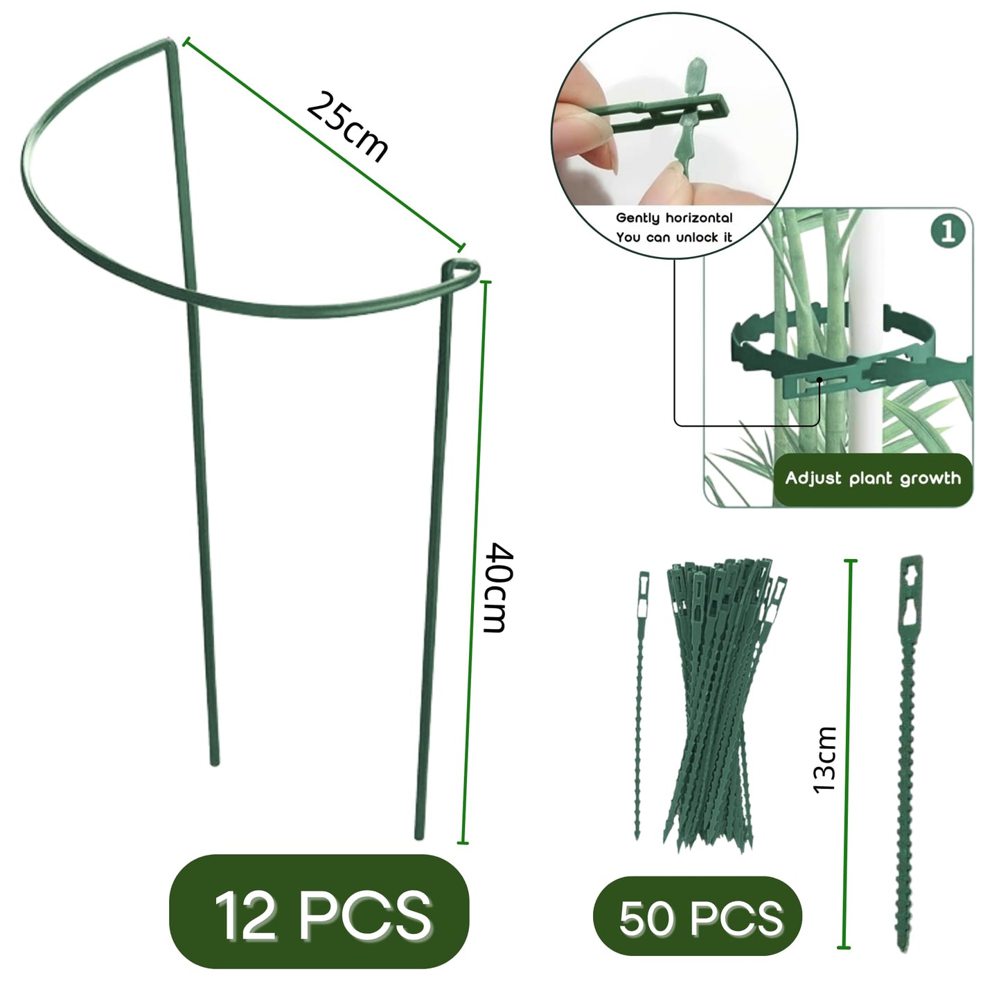 12 Pack Half Round Plant Support for Indoor Outdoor - 15.7", Durable Metal Plant Support Rings with Cuttable Plant Ties to Hold Up Plants Peony, Tomatoes, Hydrangea, Rose