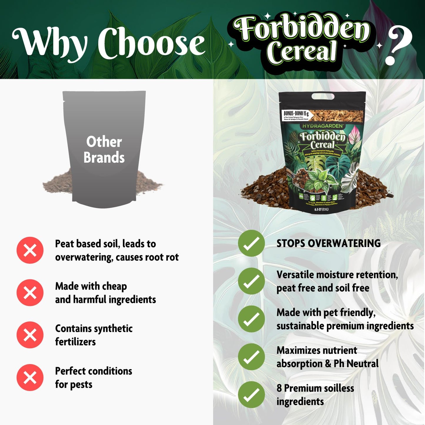Forbidden Cereal Soilless Houseplant Potting Mix - Chunky Soil for Aroid Tropical Plants & Flowers - 8 Ingredients, No More Overwatering, Versatile Moisture Retention, Peat Free & Organic - 7.1L Bag