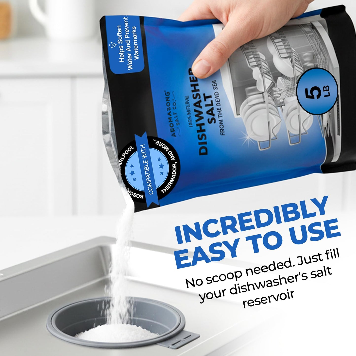 Aromasong Dishwasher Salt 10 LB - 100% Natural Water Softening Agent for Cleaner Dishes & Washer Reactivation - Compatible with Bosch, Miele, Whirlpool, Thermador, and more.