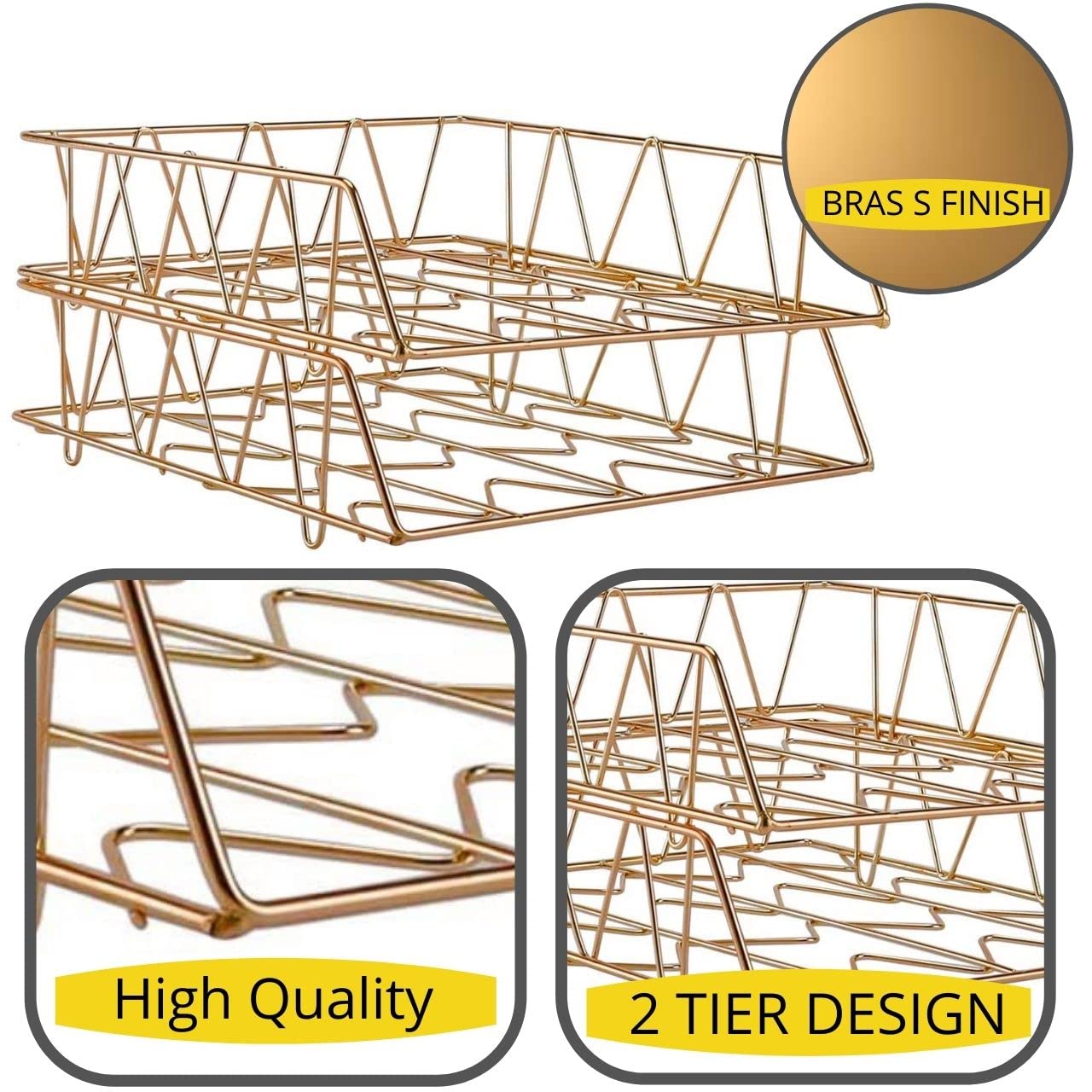 Performore 2 Pack of 11x17 Gold Stackable Wire Desk Trays, Paper Tray Organizer for Desk, Multifunctional File Document Holder and Storage for Office Desktop Organization and Accessories