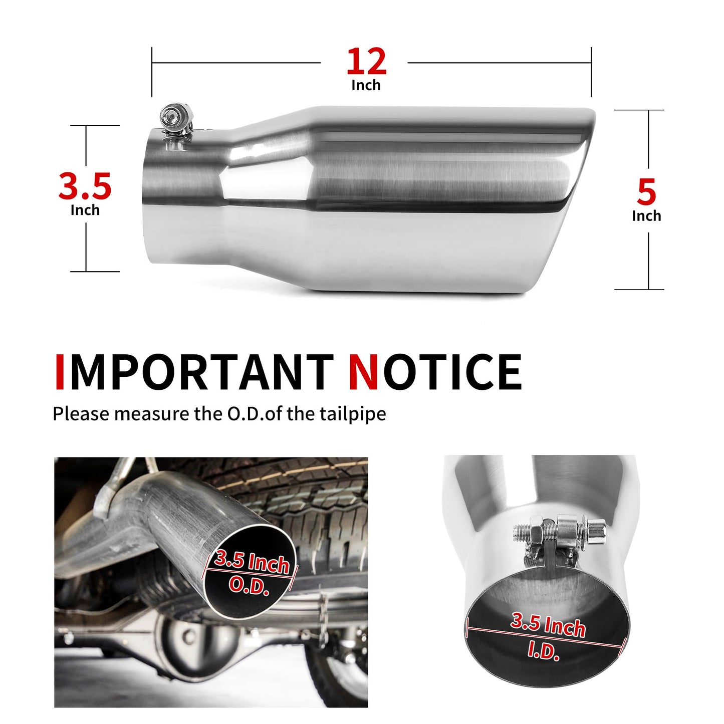 Richeer 3.5 Inch Inlet Exhaust Tip, 5" Outlet 12" Overall Length, Stainless Steel Polished Chrome Finish, Universal for Vehicles with 3.5" O.D. Exhaust Tailpipe