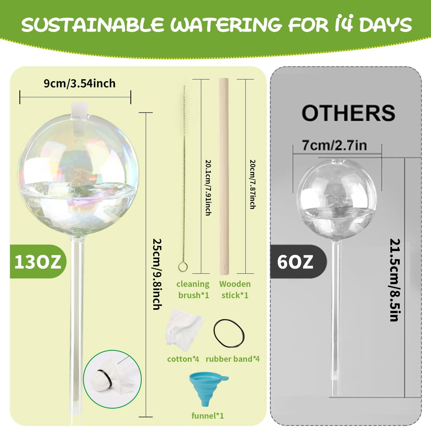 13oz Up to 2 Weeks Large Plant Watering Globes - Self Watering Bulbs and Planter Insert for Indoor & Outdoor Plants, Glass Water Globes Automatic While Away (Large 4-Pack)