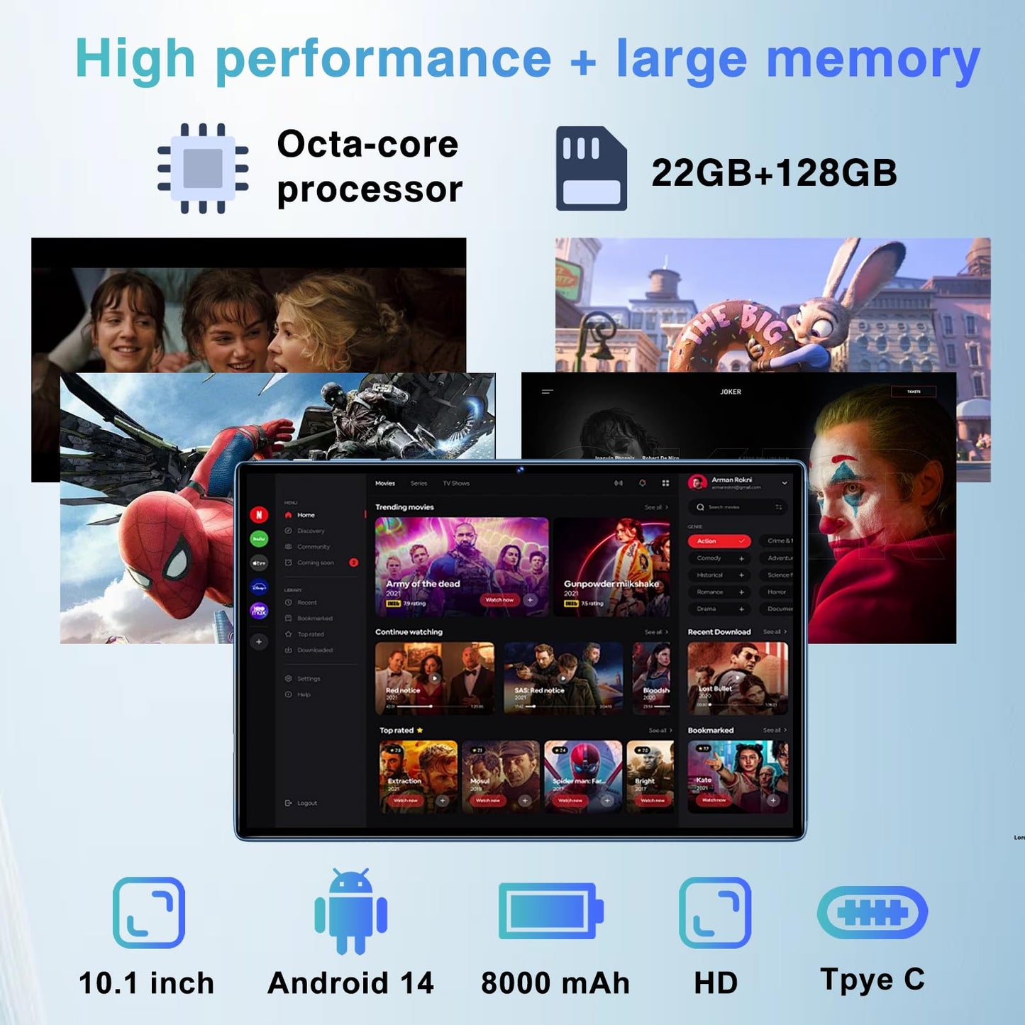 Android 14 Tablet 10.1 inch 22GB RAM 128GB ROM 1TB Expand, 8000mAh Tablets with Keyboard Mouse, Octa-Core, HD Touchscreen, 5G Wi-Fi, BT 5.0, GPS, Widevine L1, Split Screen, Face Unlock - Blue