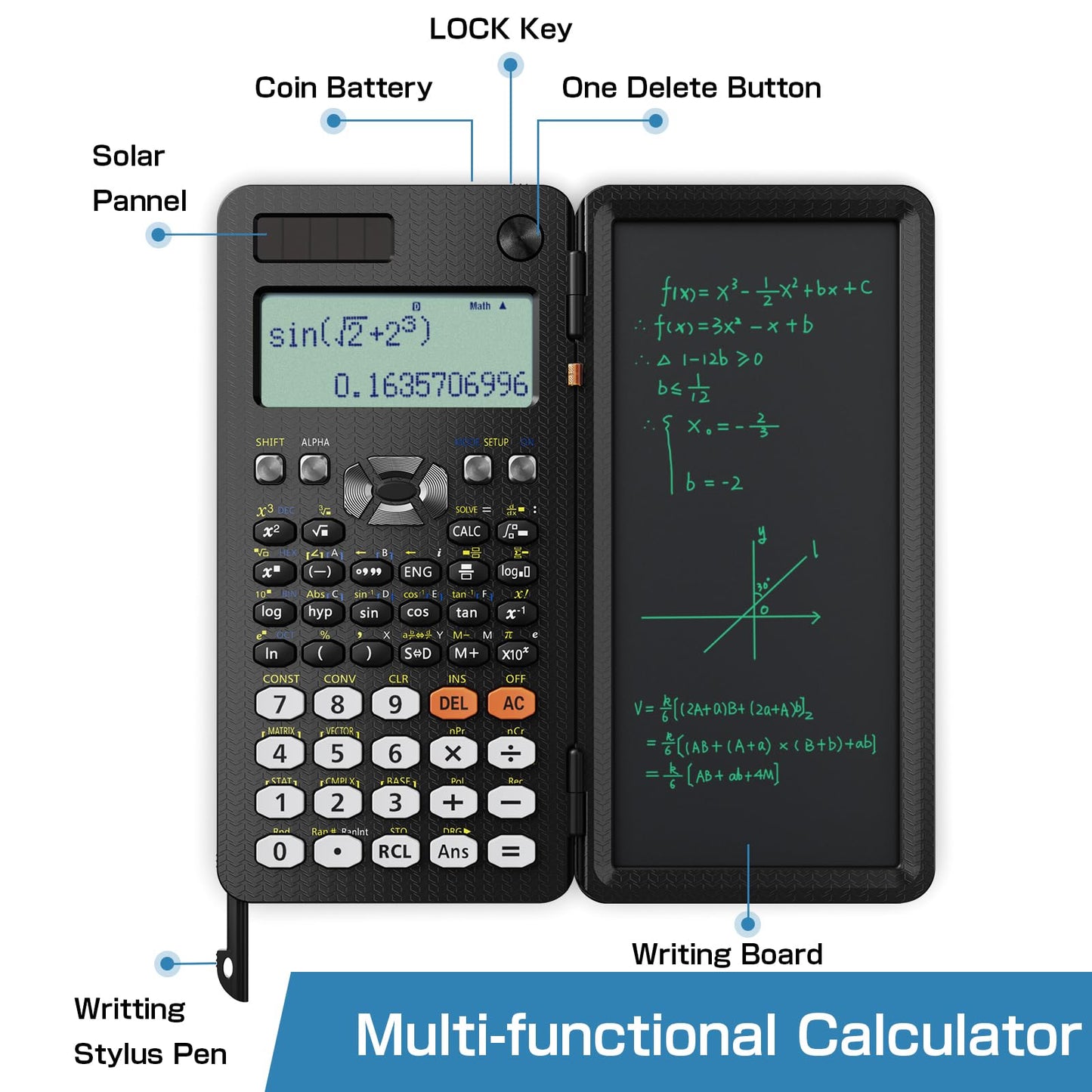 Scientific Calculator for High School 991ES Plus, ROATEE Calculators Multiview 4-Line Display with Writing Tablet, Rechargeable & Coin Battery Power Calculator Desktop Back to School Office Supplies