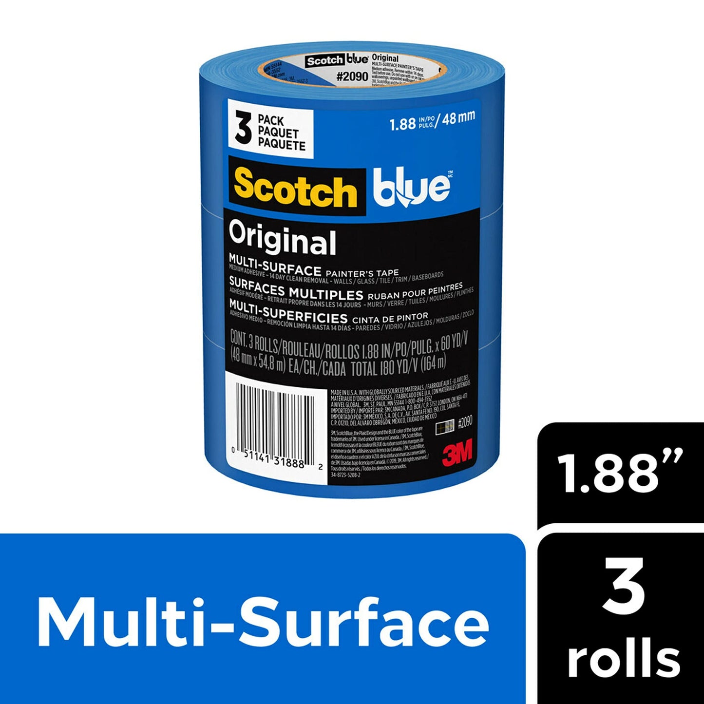 Scotch Painter’s Tape ScotchBlue Original Painter's Tape, Multi-Surface, 48 mm (3 Rolls) - 2090