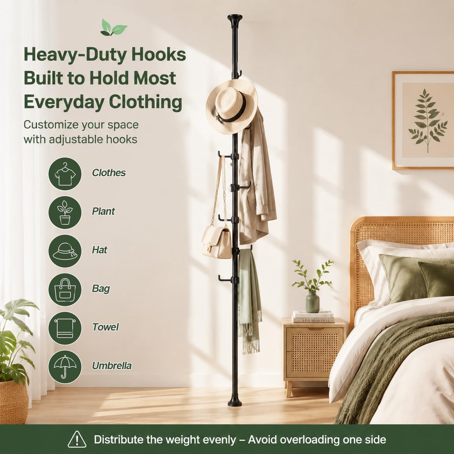 Sempicad Coat Rack Freestanding, 56 to 125 inch Adjustable Tension Rod Coat Hanger with 12 Hooks for Hanging Coat, Jacket, Hat, Scarf, Suitable for Living Room, Balcony, Kitchen BLACK