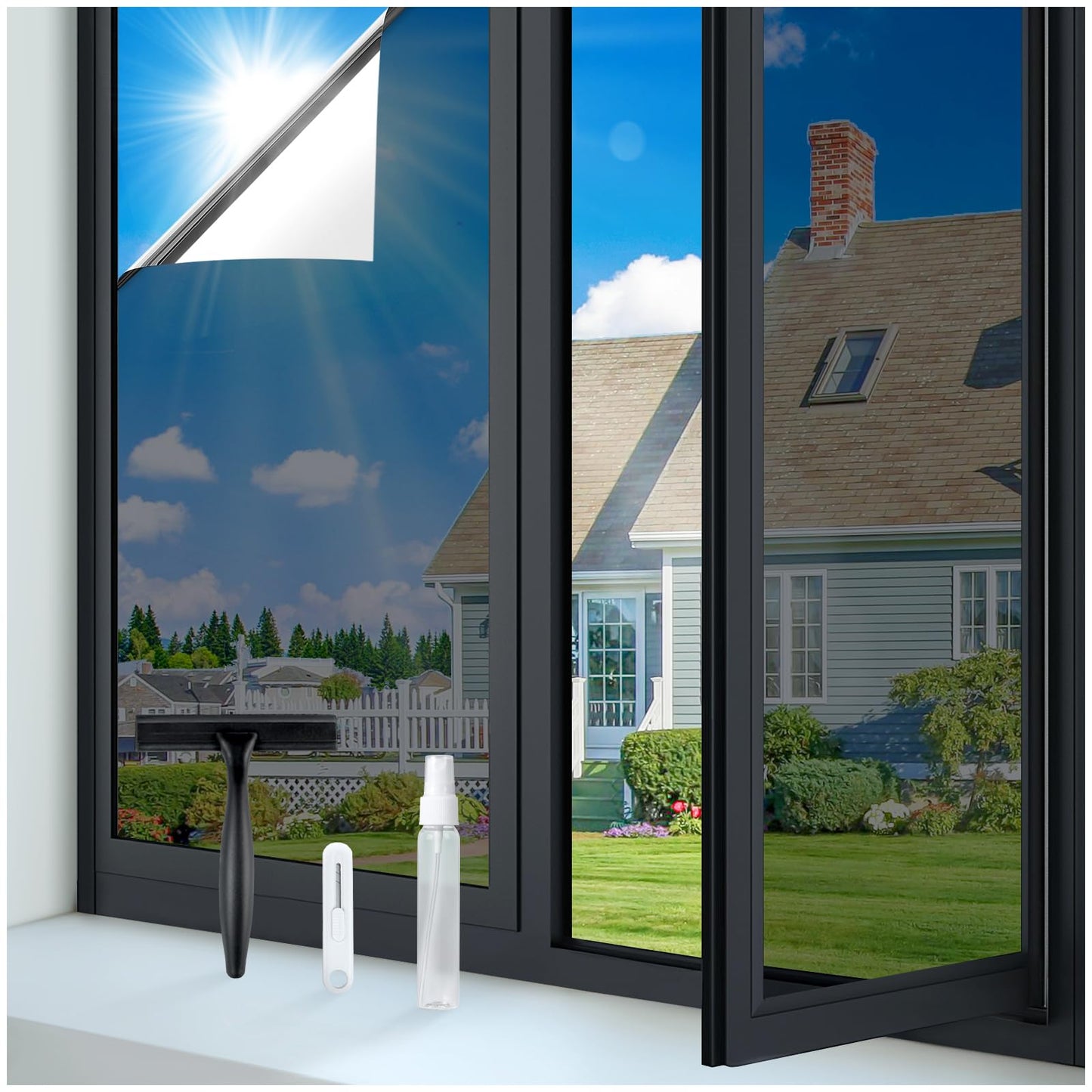 rabbitgoo Window Tint Film Home with Tool,One Way Privacy Window Film for Sun Blocking,Heat Control Anti UV Reflective Mirror Cling Kit,House Tint for Daytime,Black Silver 60 x 300 cm