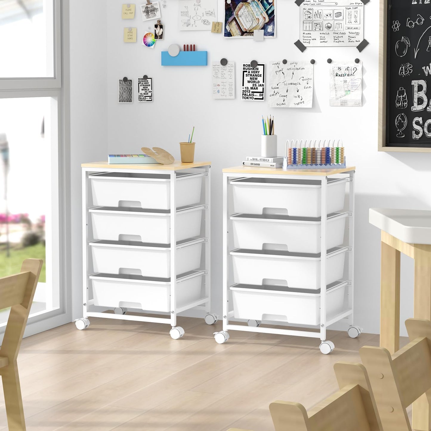 SYKIARIOL Utility Cart with 4 Drawers,Rolling Storage Cart with Drawers,Storage Rolling Drawer Cart with Wooden Tabletop for Bedroom,Kid's Room,Dorm,Classroom,Office,Bright White