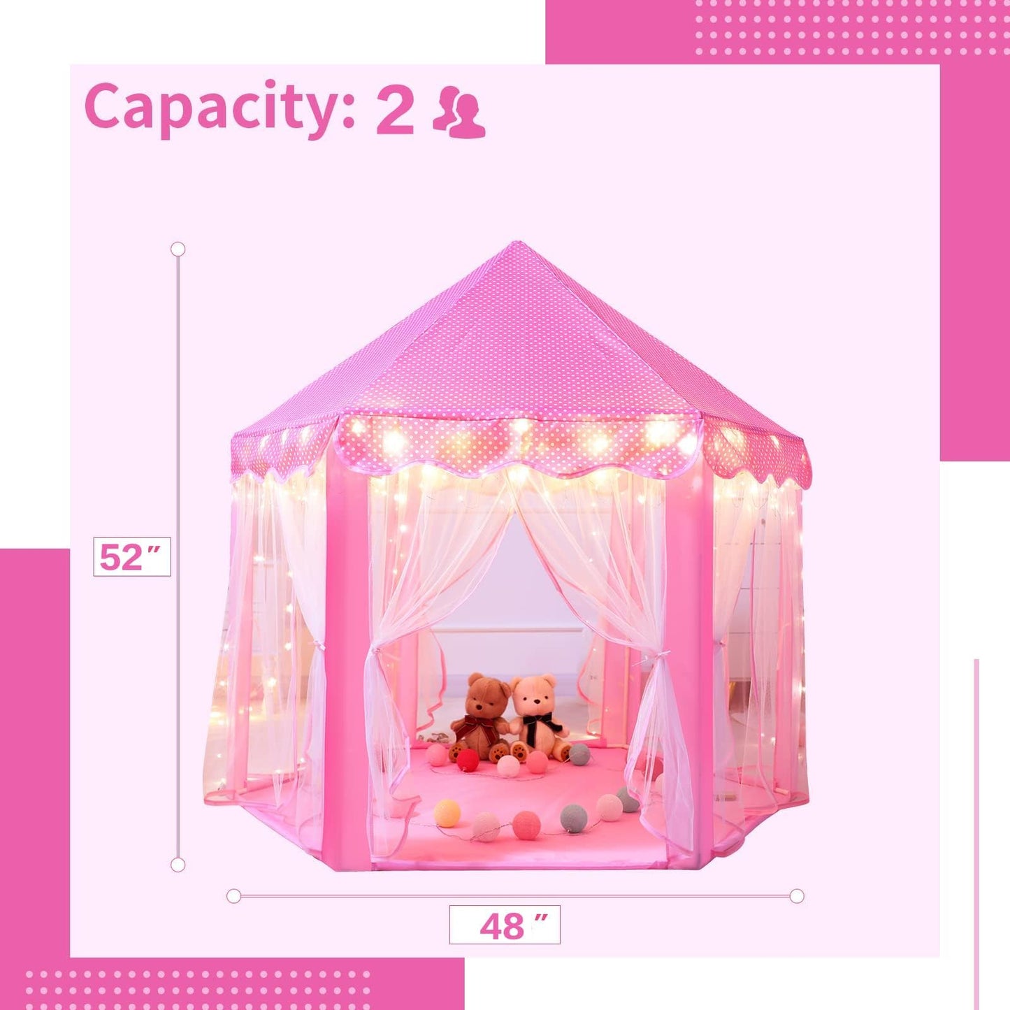 Sumbababy Princess Castle Tent for Girls Fairy Play Tents for Kids Hexagon Playhouse with Large Star Lights Toys for Children or Toddlers Indoor or Outdoor Games (Pink)