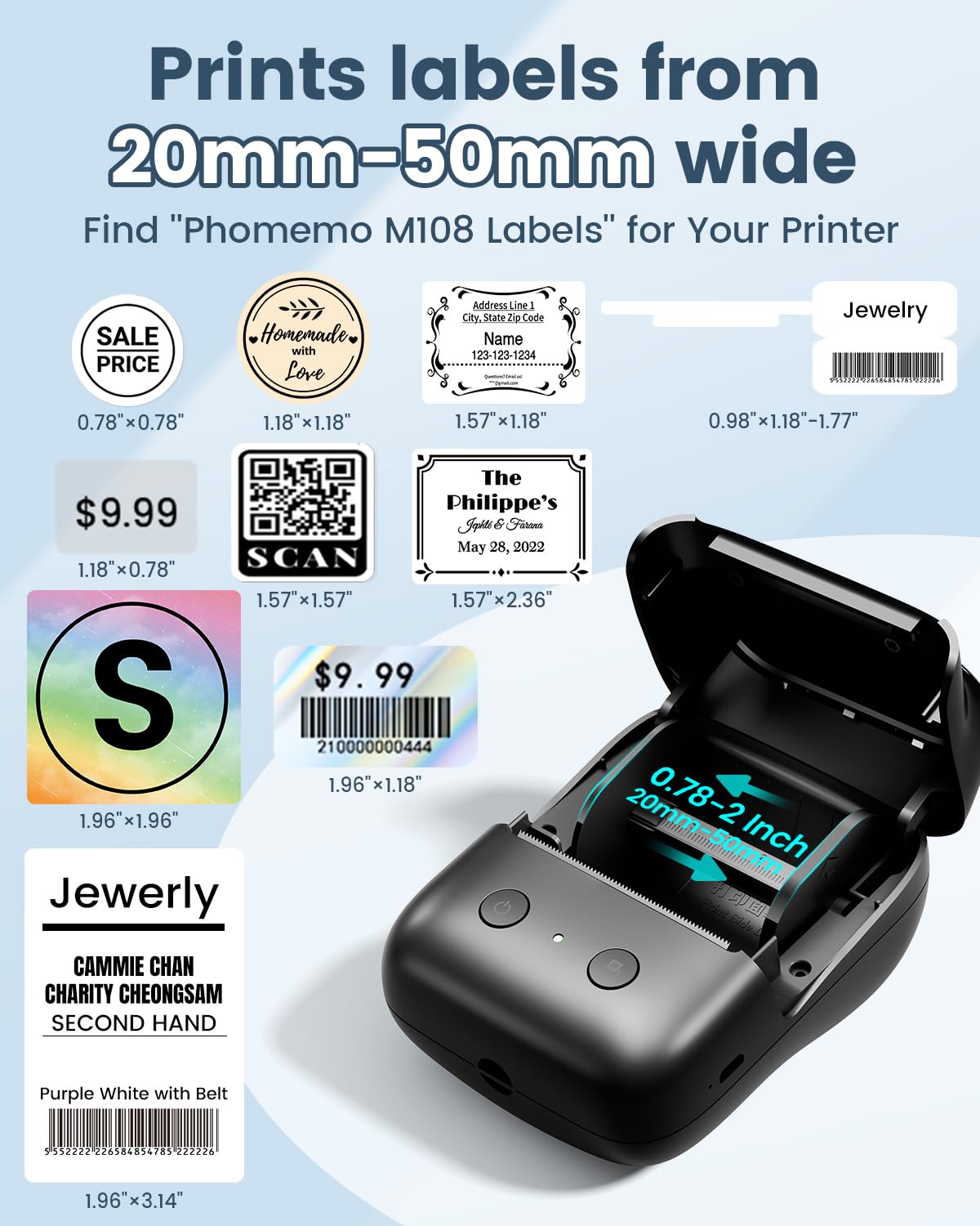 Phomemo M108 Label Maker Machine, Thermal Label Printer, Mini Size and Widely Used for Office, Home, School, Business, Came with 1 Roll White Labels