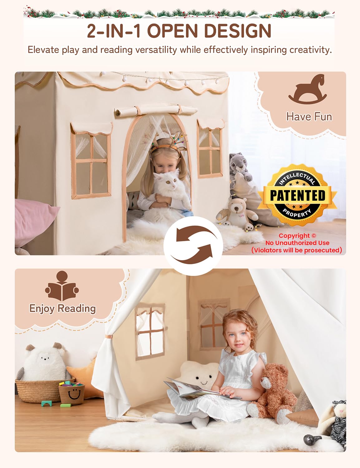 besrey Kids Tent, 2 in 1 Play Tents with Padded Mat and Lights, Large Playhouse for Kids with 2 Doors & 4 Windows, Kids Play Tent House Indoor & Outdoor, Toddler Tent for Girls Boys