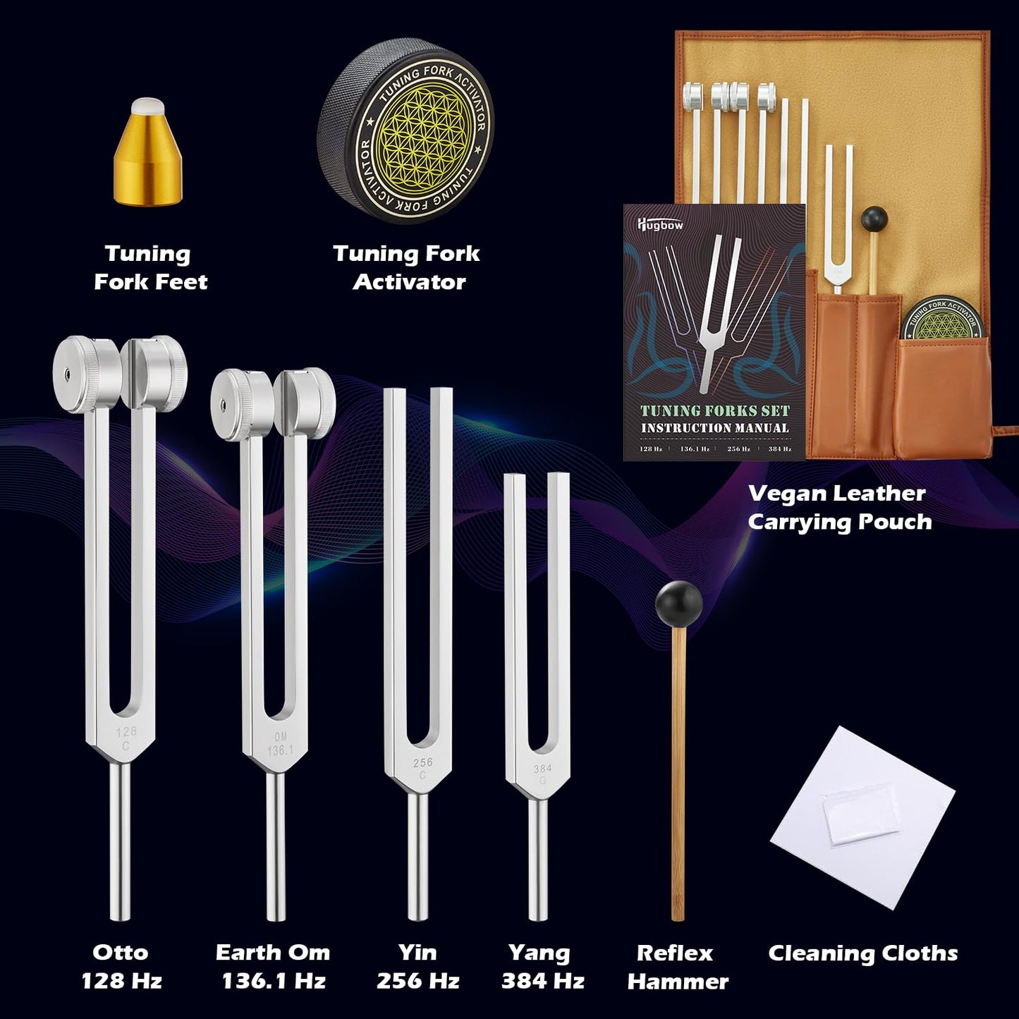 Hugbow Tuning Forks for Healing, Aluminum Alloy Tuning Fork 128Hz, 136.1Hz, 256Hz, 384Hz, Hockey Puck Activator & feet, Weighted & Unweighted Tuning Fork Set with Vegan Leather Pouch