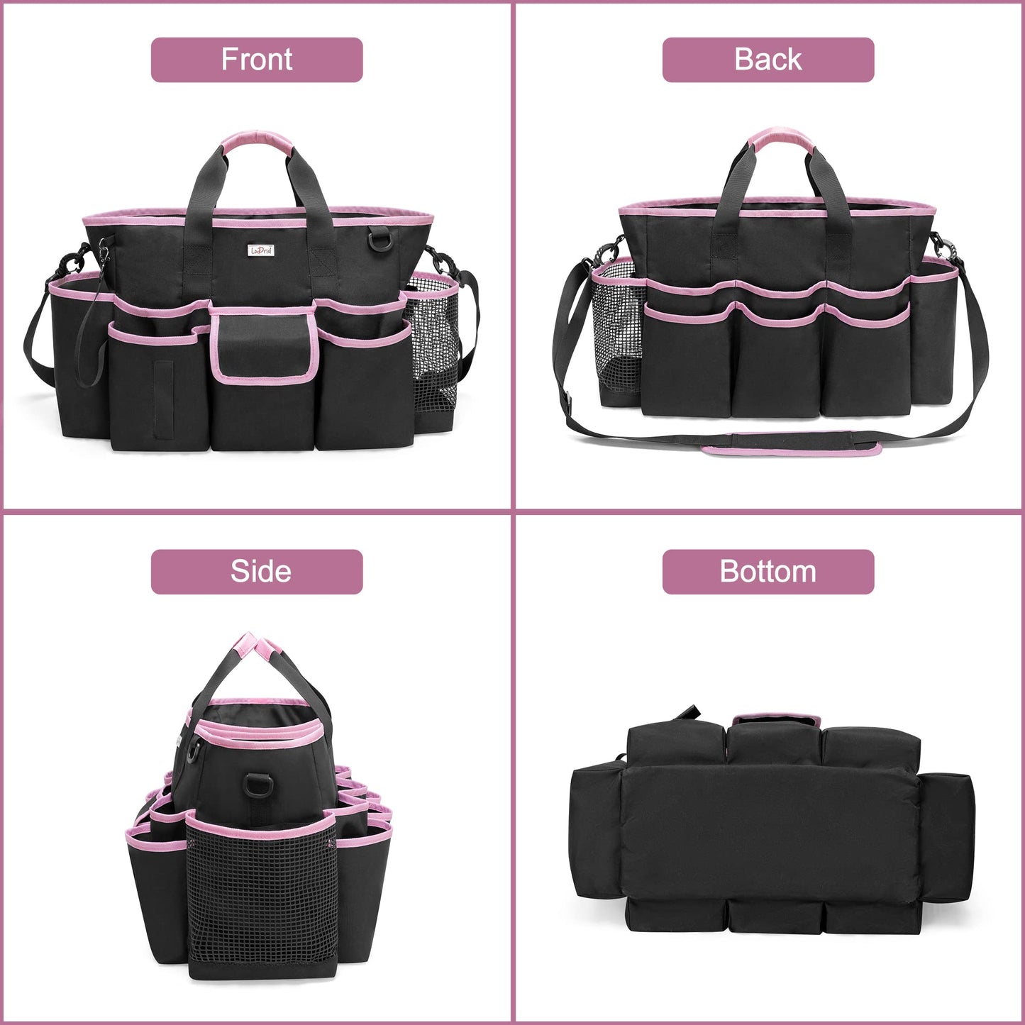 LoDird Cleaning Caddy Bag with 3 Compartments and Multifunctional Pockets, Cleaning Supplies Organizer for Cleaning Work with Handle and Shoulder Strap, Grey